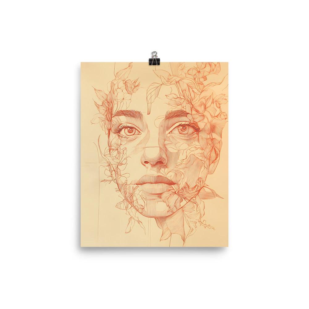Boho Floral Face Art with Intricate Linework and Leafy Details Poster - Oh Posters