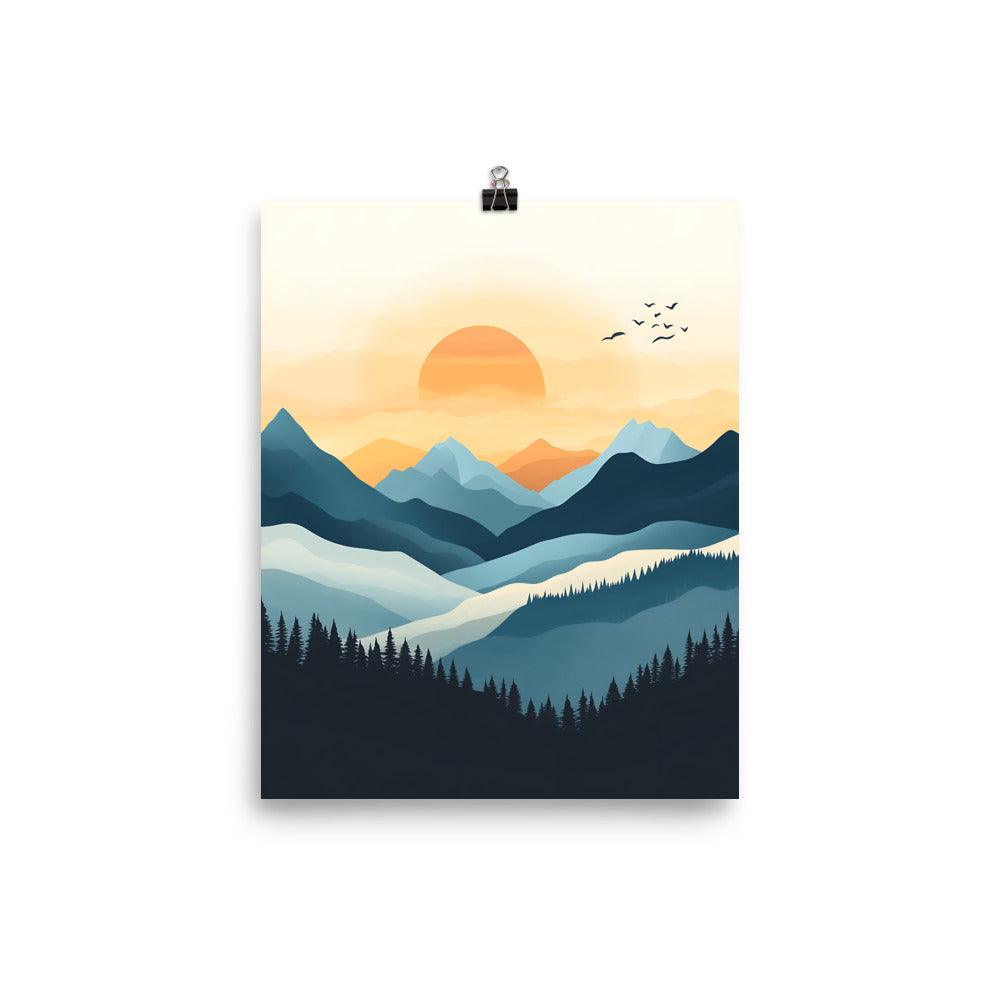 Boho Mountain Sunset Landscape with Birds and Forest Silhouette Poster - Oh Posters