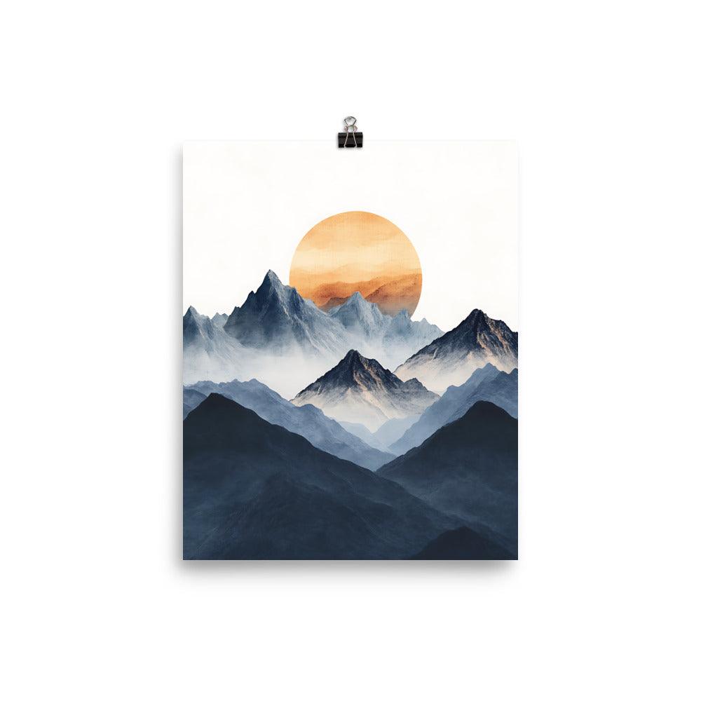 Boho Mountain Sunrise with Serene Peaks and Warm Sun Poster - Oh Posters