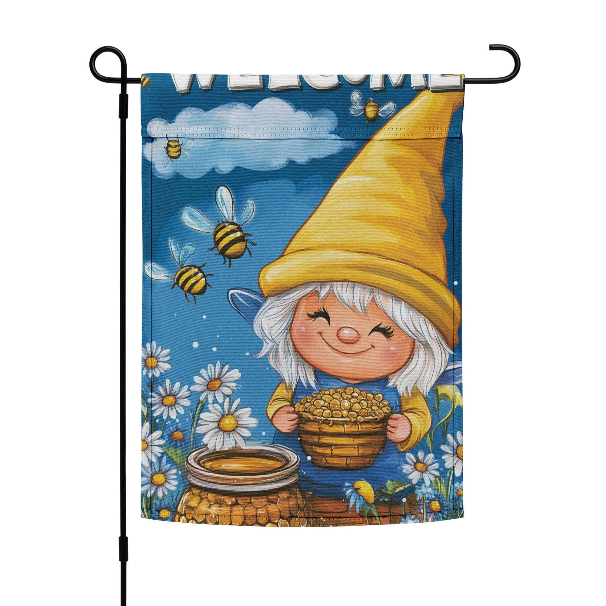 Welcome Gnome with Honeycomb and Bees Garden Flag - Oh Posters