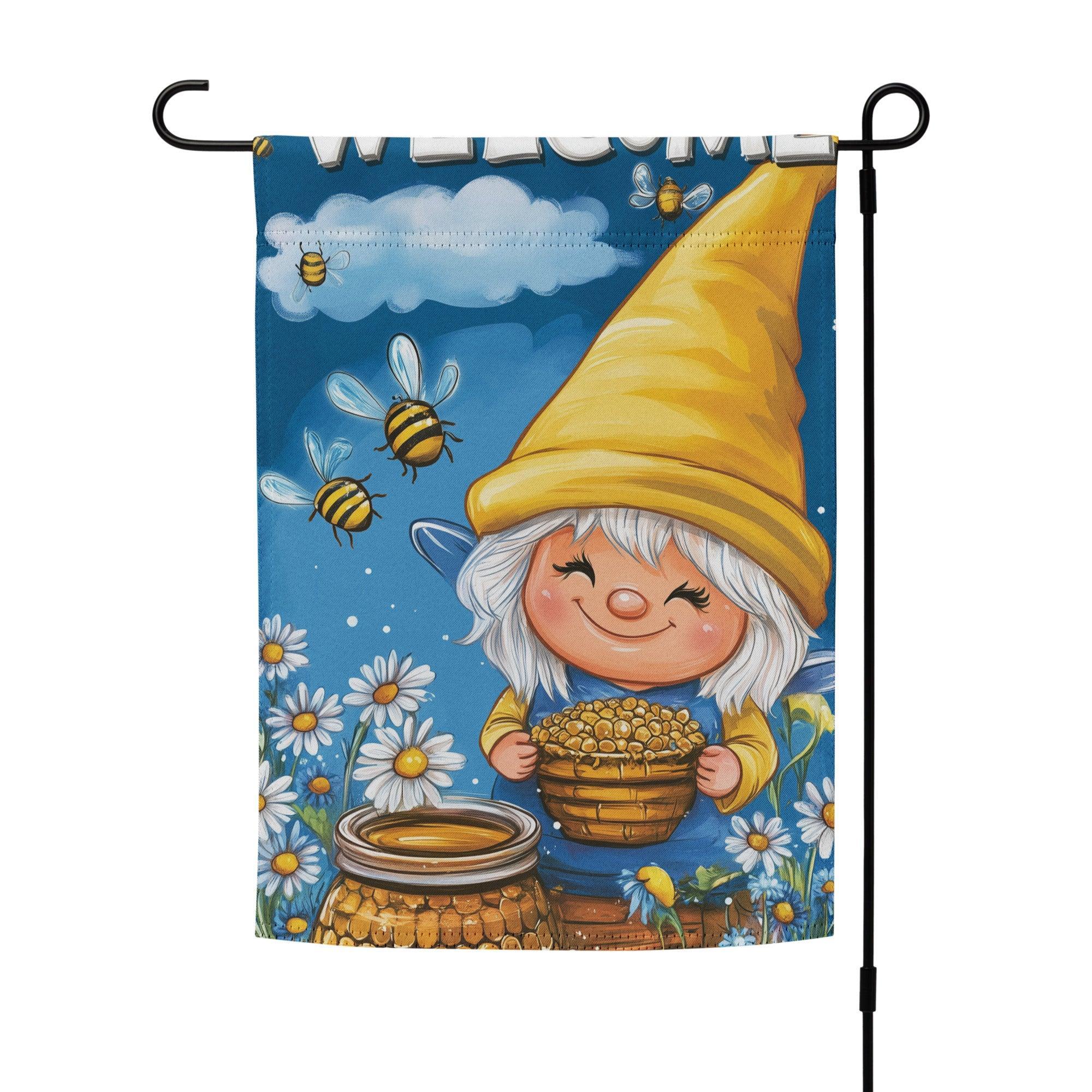 Welcome Gnome with Honeycomb and Bees Garden Flag - Oh Posters