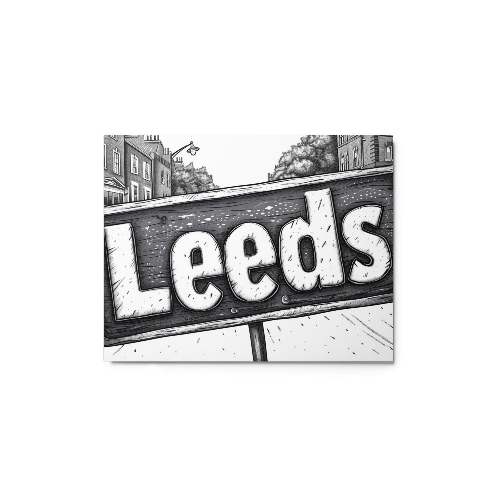 Leeds Black and White Street Sign Illustration Metal Poster - Oh Posters