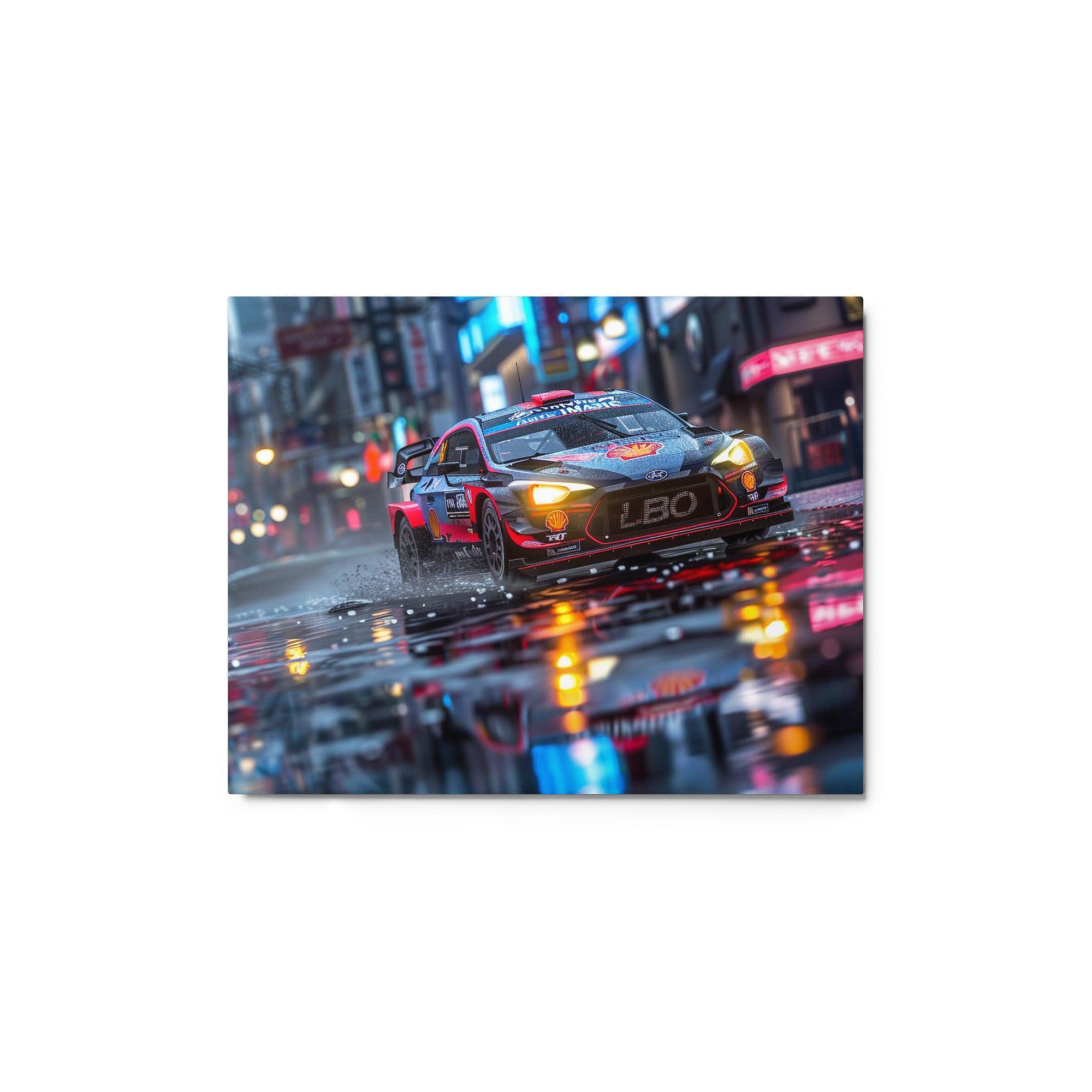 City Lights Wet Street Rally Car Metal Poster - Oh Posters