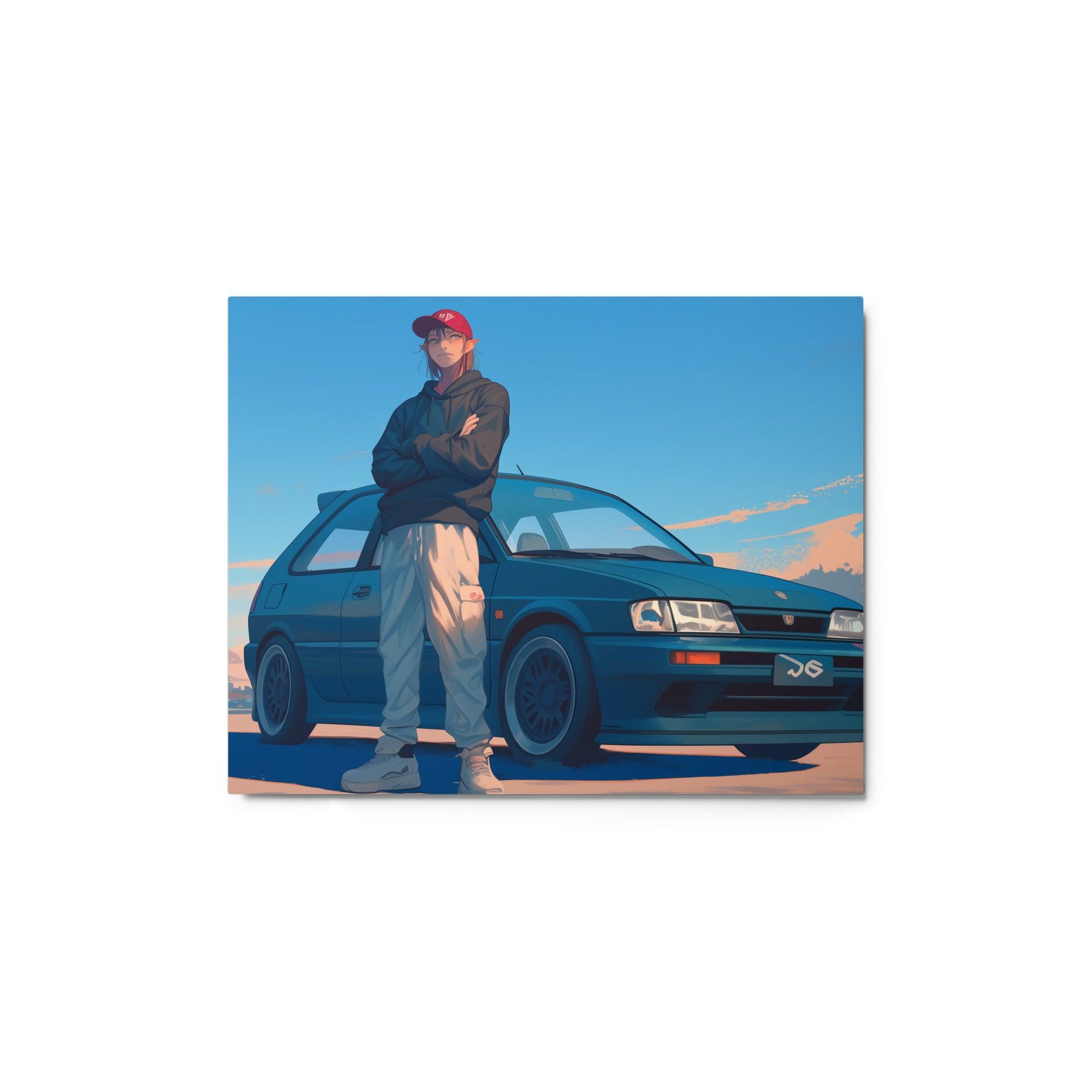 JDM Hatchback with Driver at Sunset Digital Illustration Metal Poster - Oh Posters