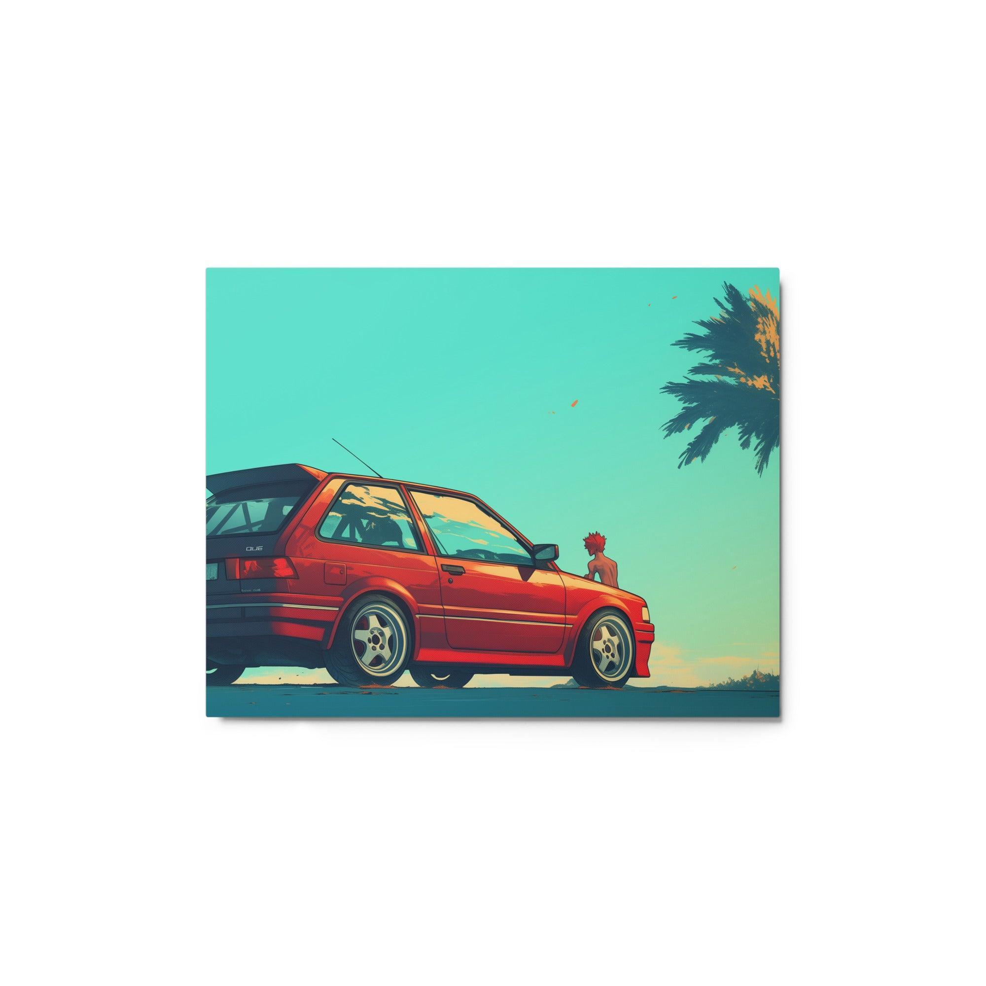 Red JDM Hatchback with Palms in Retro Beach Scene Digital Art Metal Poster - Oh Posters