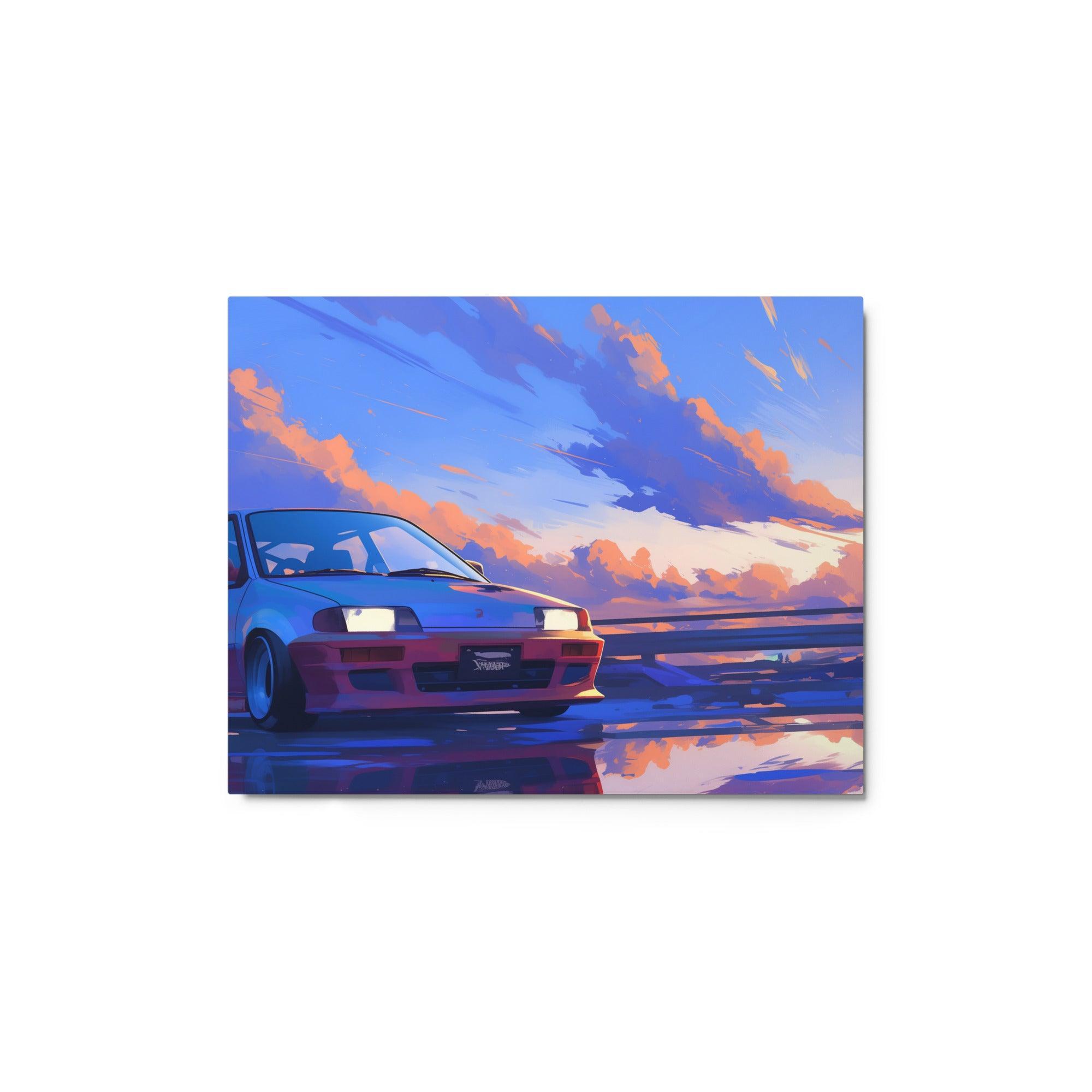 Retro 90s JDM Hatchback Sunset Scene Digital Art Metal Poster - Oh Posters