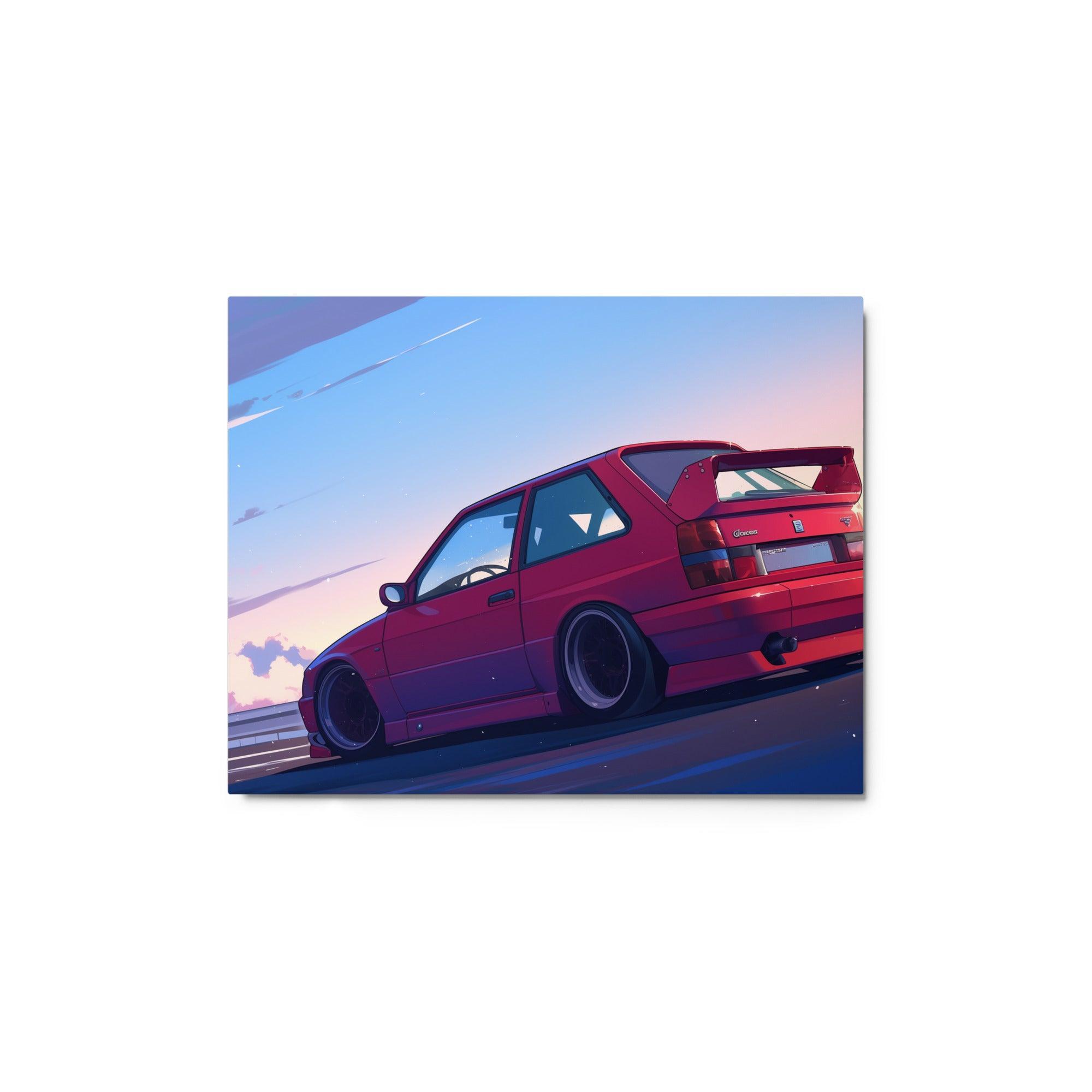 Red JDM 90s Hatchback at Sunset Highway Digital Artwork Metal Poster - Oh Posters