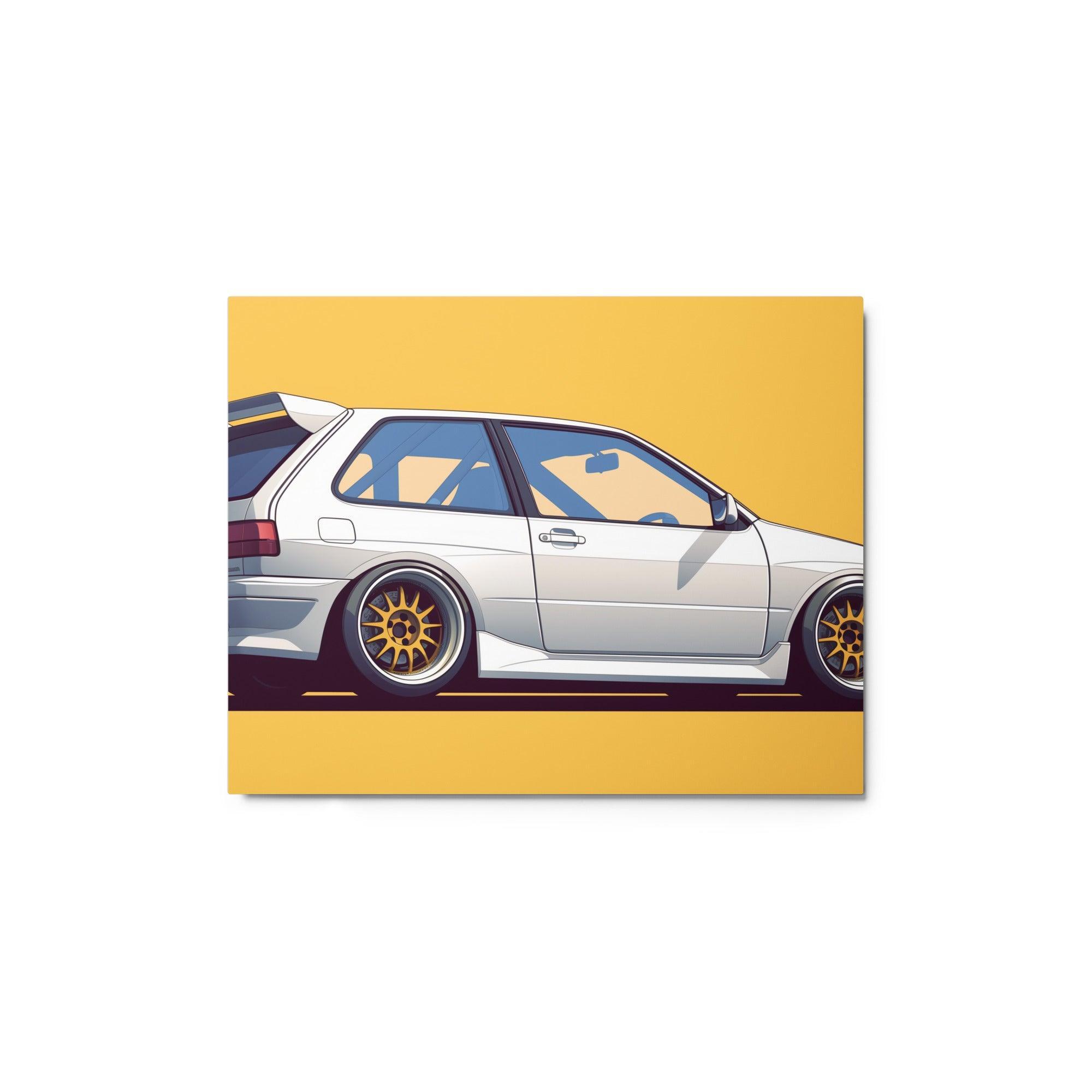 White JDM 90s Hatchback with Gold Wheels Minimalist Side Profile Metal Poster - Oh Posters