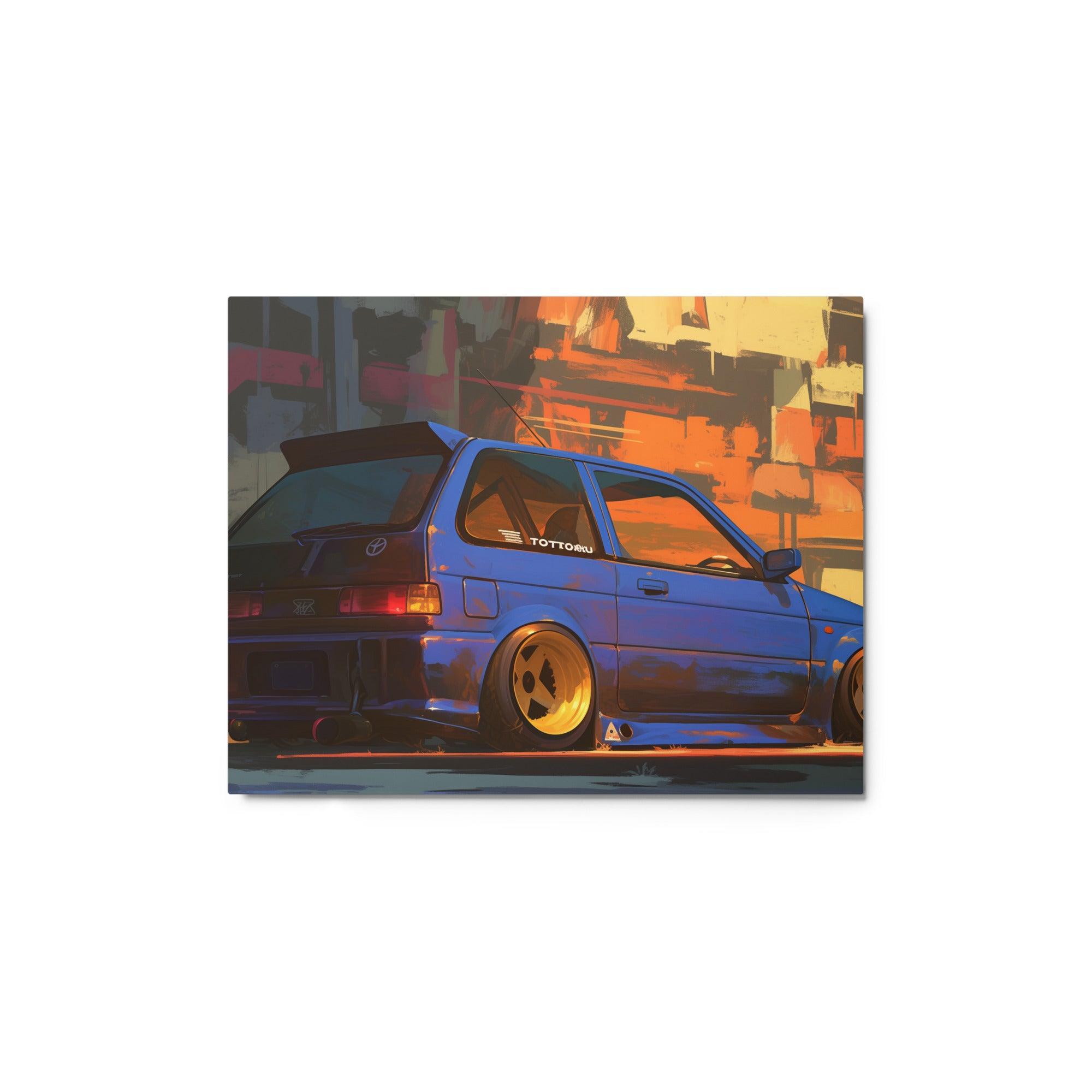 Urban JDM 90s Hatchback with Blue Body and Gold Wheels Digital Art Metal Poster - Oh Posters