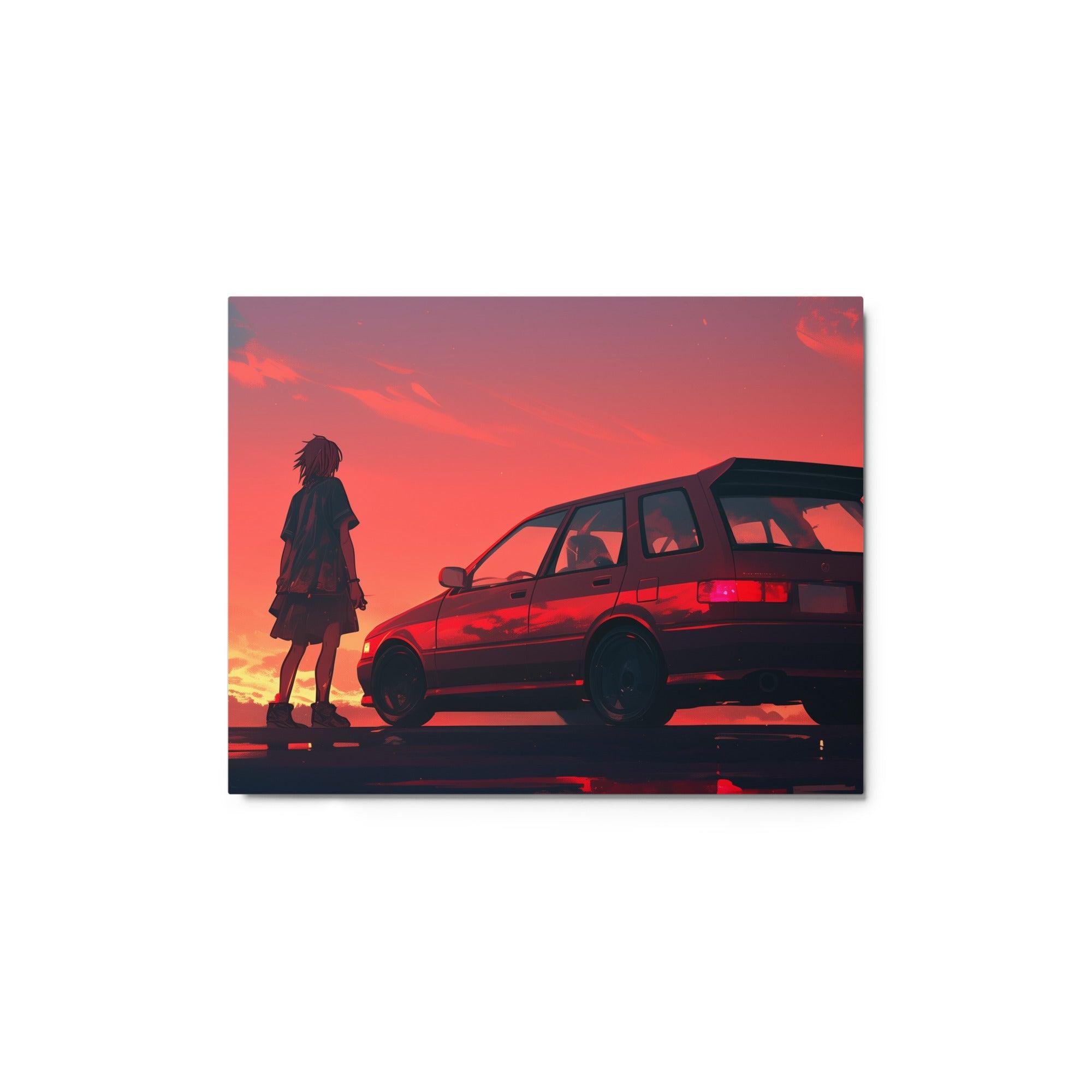 JDM 90s Hatchback Sunset Scene with Lone Figure Digital Art Metal Poster - Oh Posters