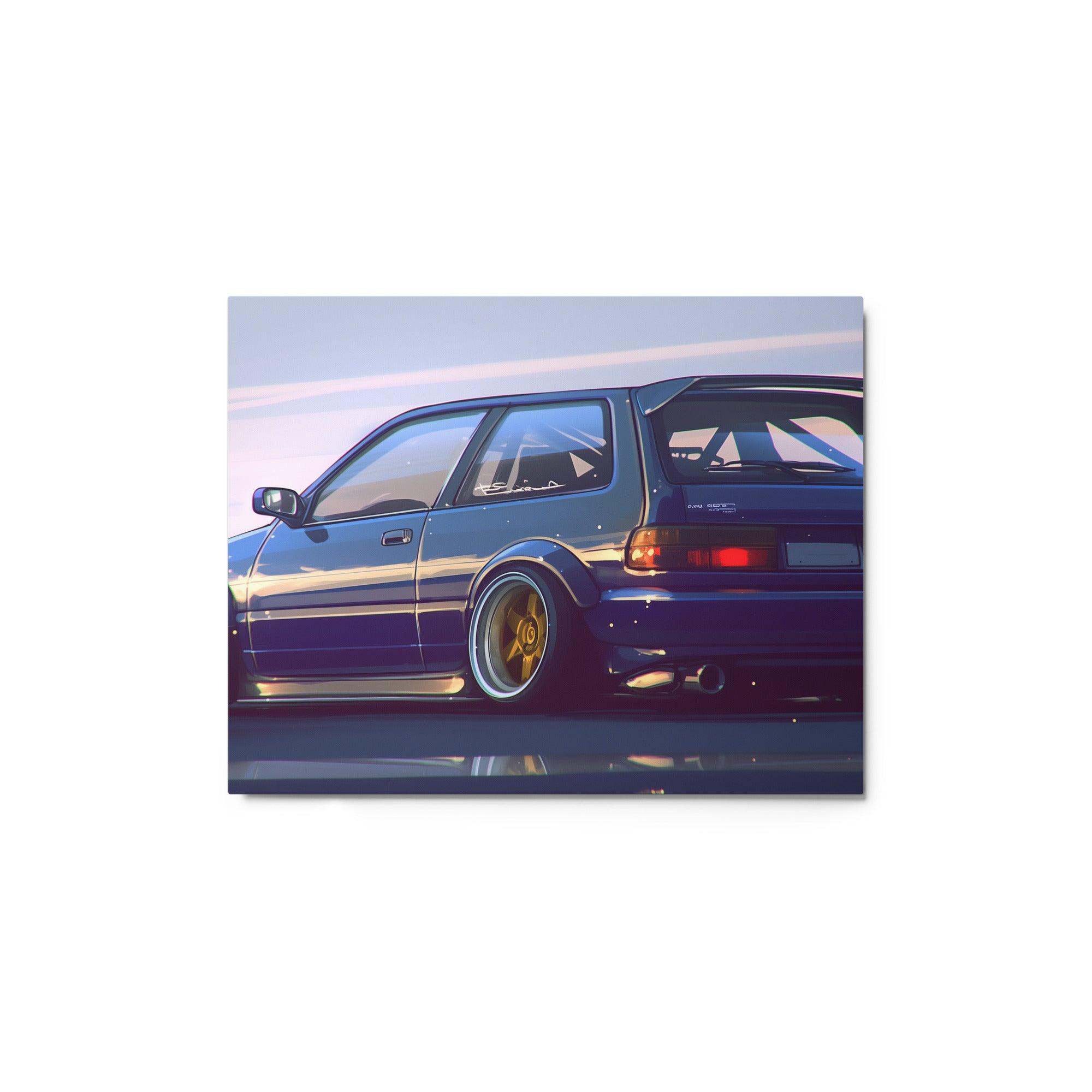 Sleek JDM 90s Hatchback with Gold Rims Sunset Illustration Metal Poster - Oh Posters