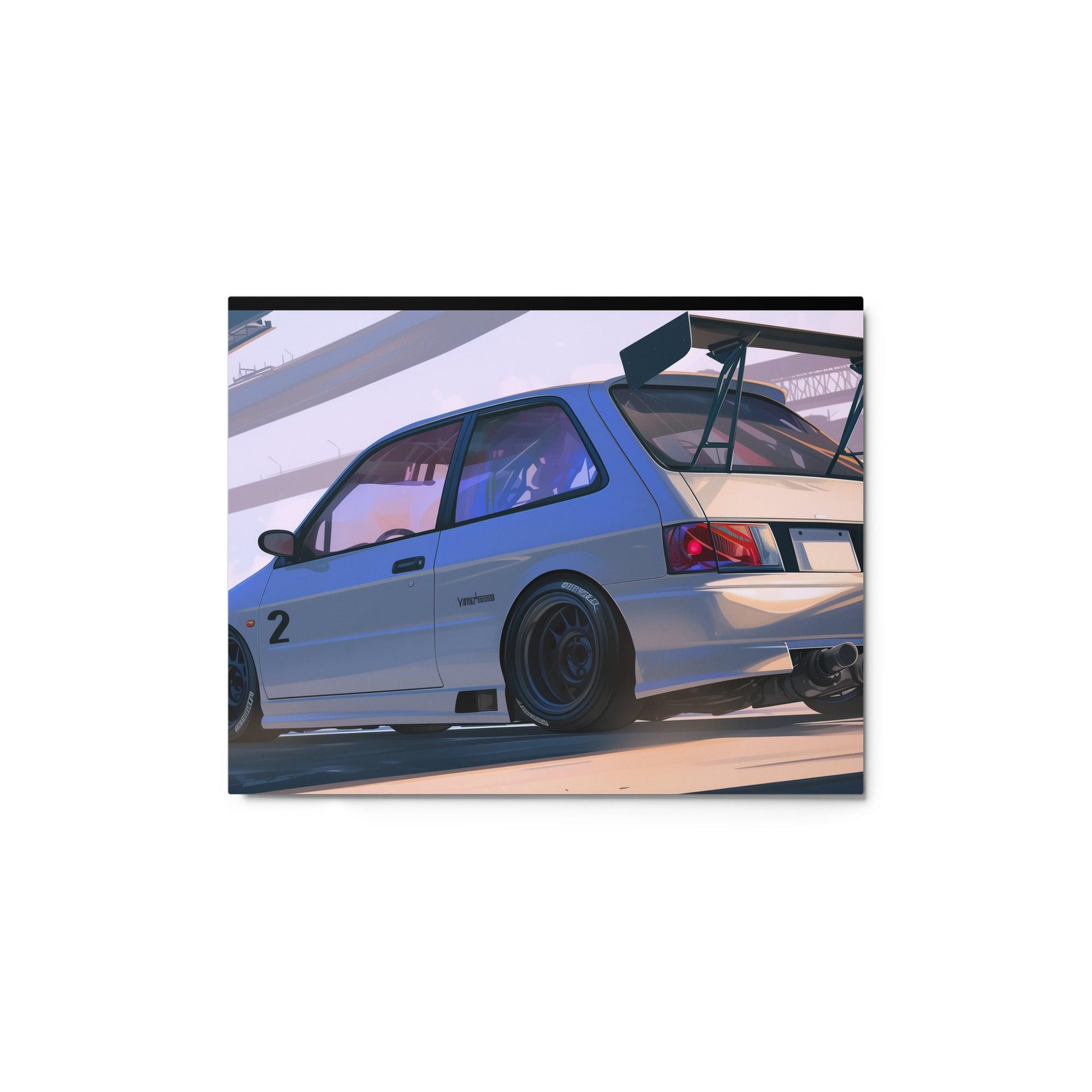 White JDM 90s Hatchback with Racing Spoiler Digital Art Metal Poster - Oh Posters