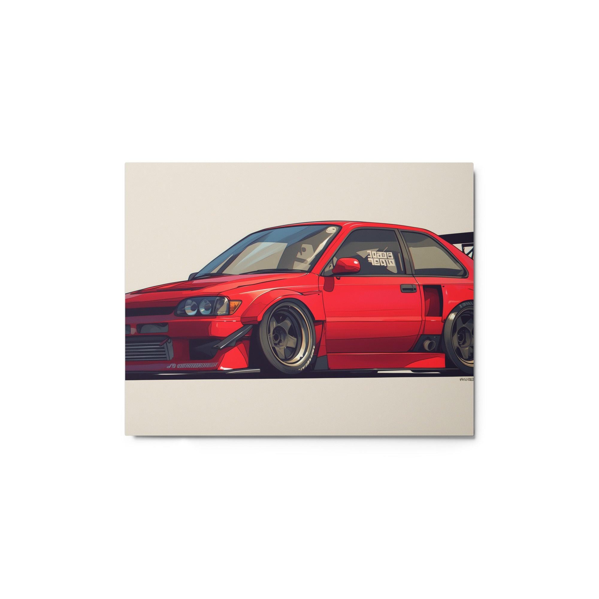 Red JDM 90s Hatchback with Wide Body Kit and Spoiler Digital Art Metal Poster - Oh Posters