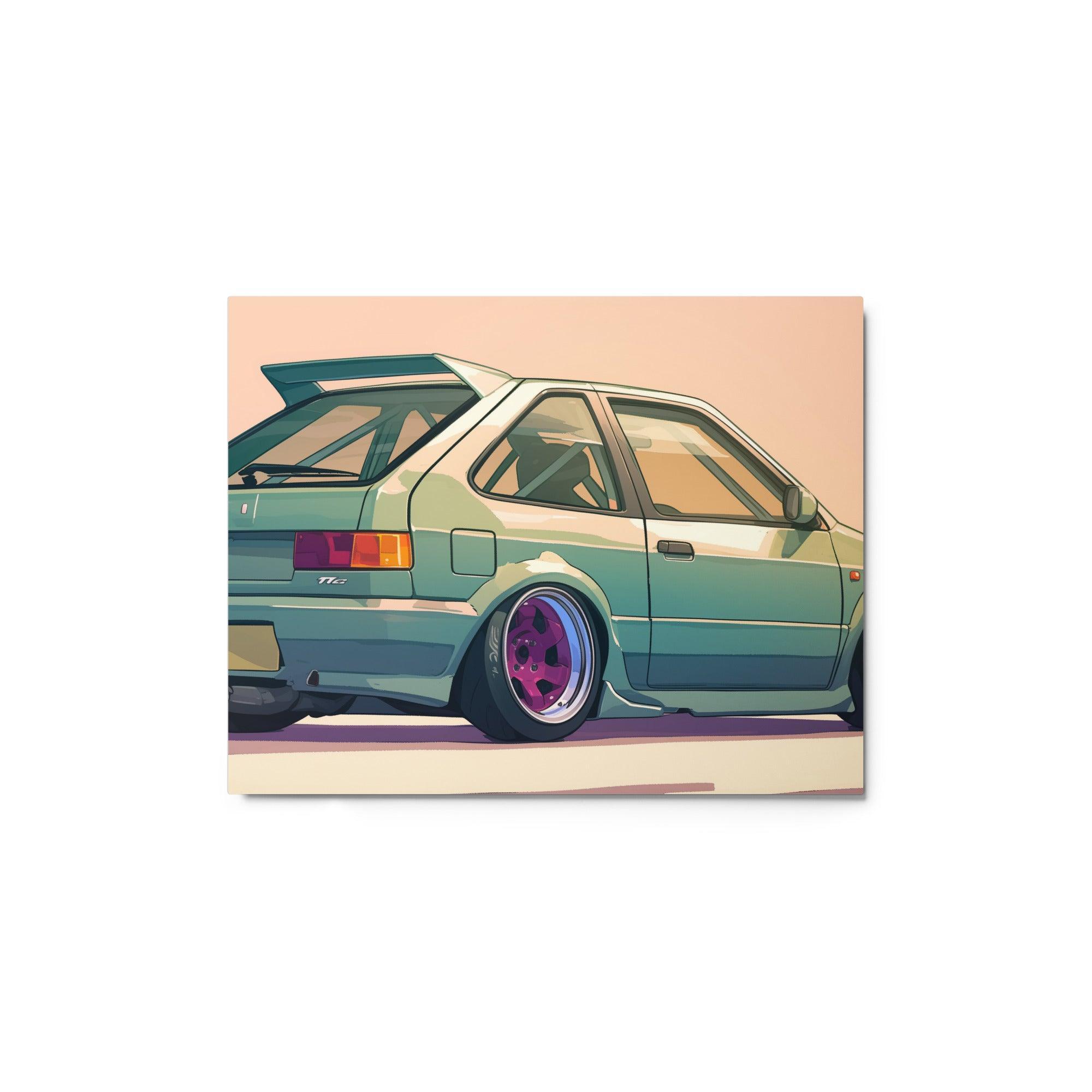 Green JDM 90s Hatchback Rear View with Purple Rims Digital Illustration Metal Poster - Oh Posters