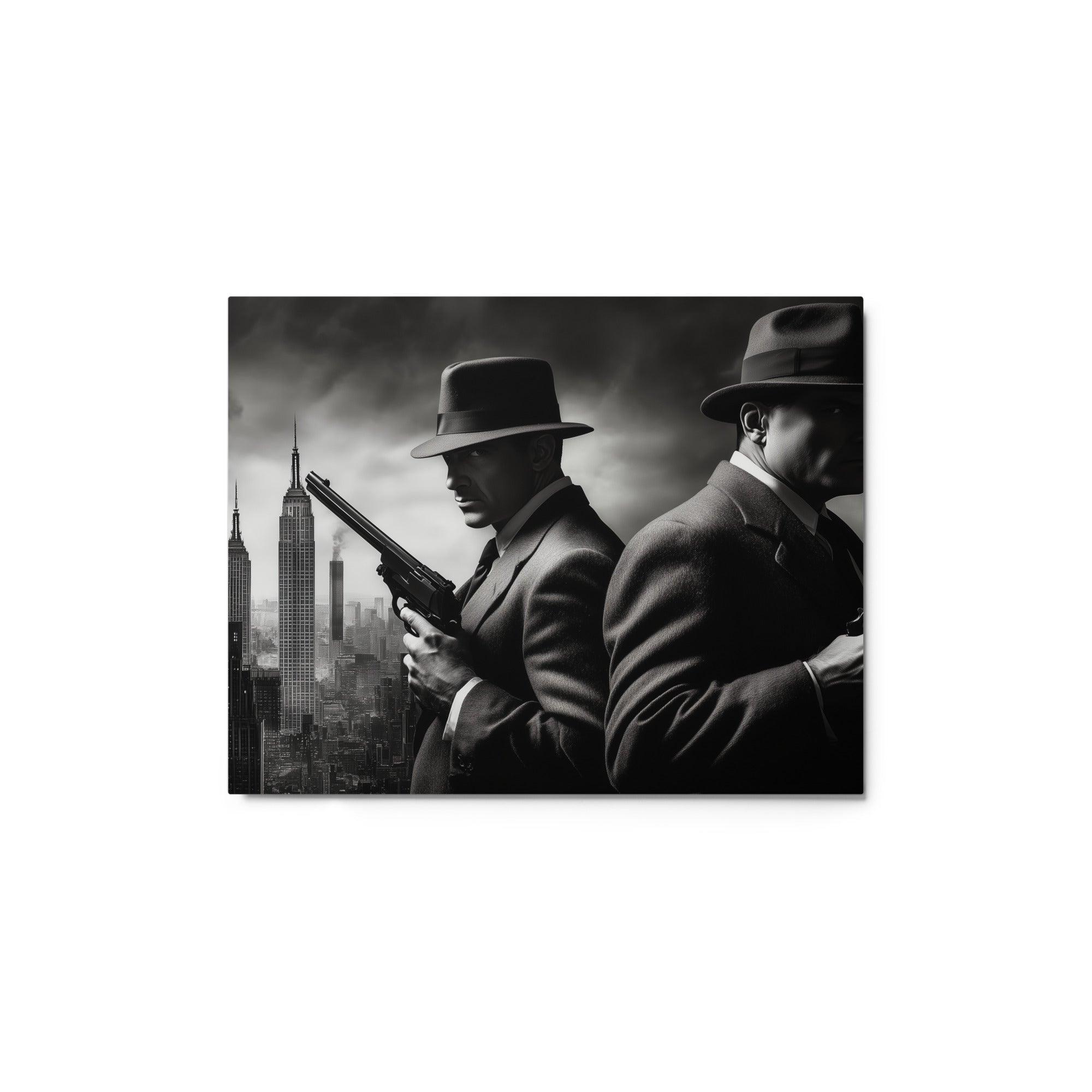 Back-to-Back Mobsters with Skyline Smoke Dramatic Noir Artwork Metal Poster - Oh Posters