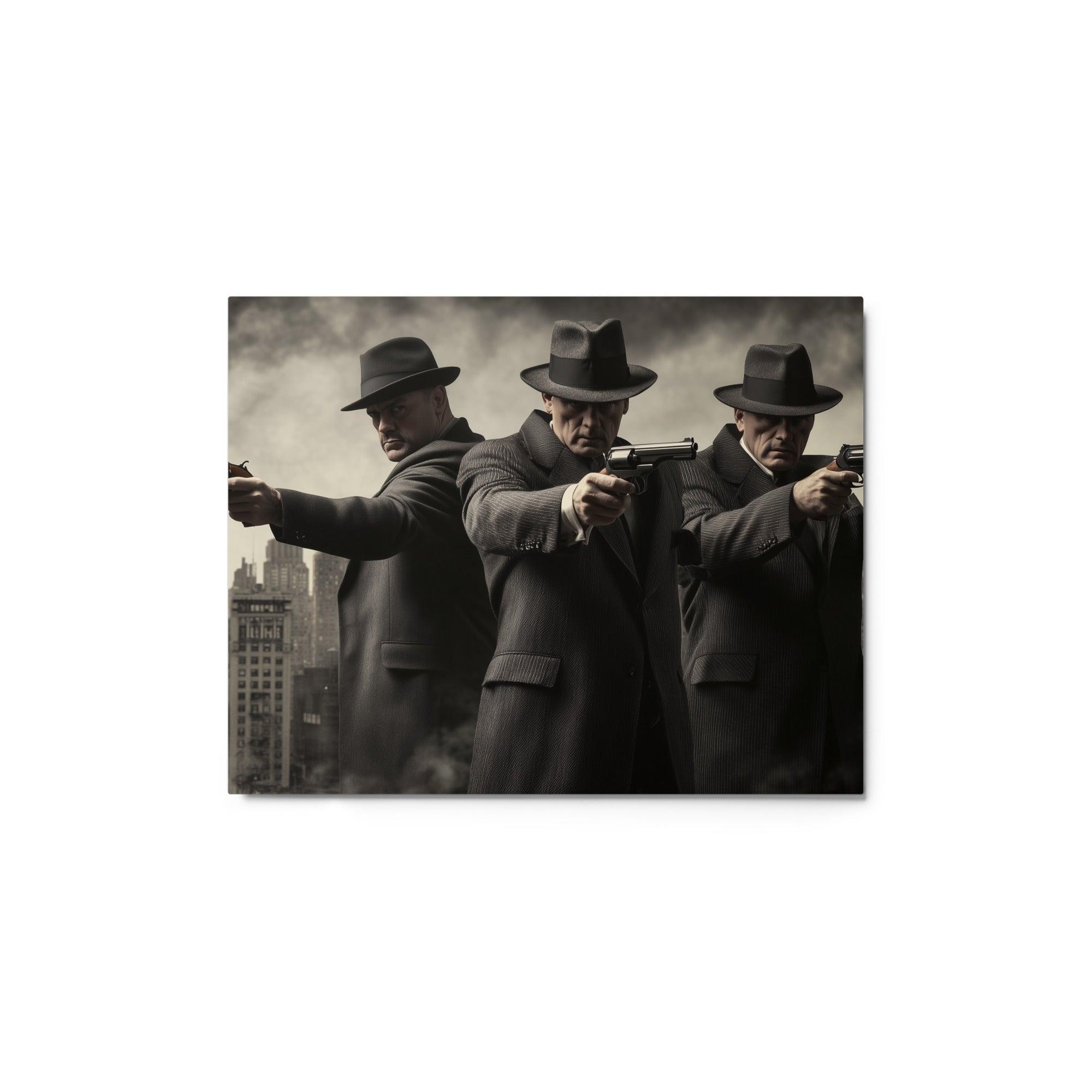 Three Mafia Figures Aiming Pistols Urban Noir Crime Scene Art Metal Poster - Oh Posters