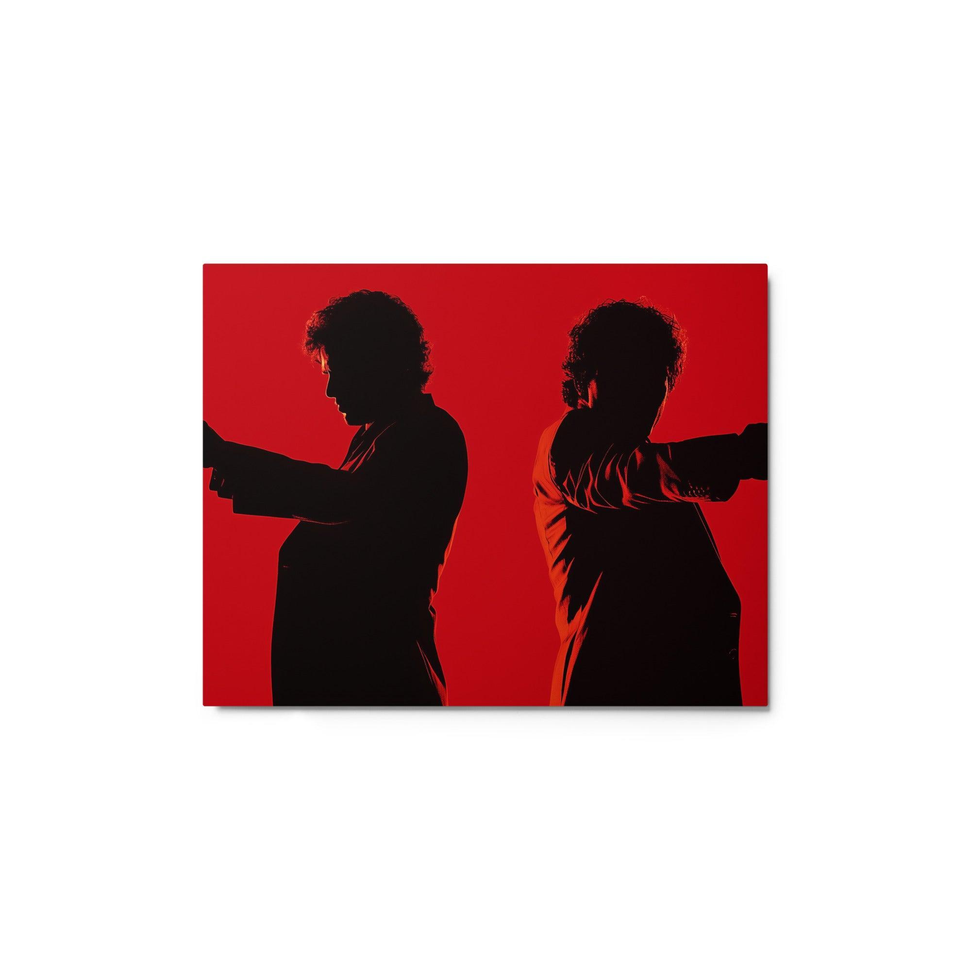 Dual Gunmen Silhouettes on Red Background Cinematic Noir Style Metal Poster - Oh Posters