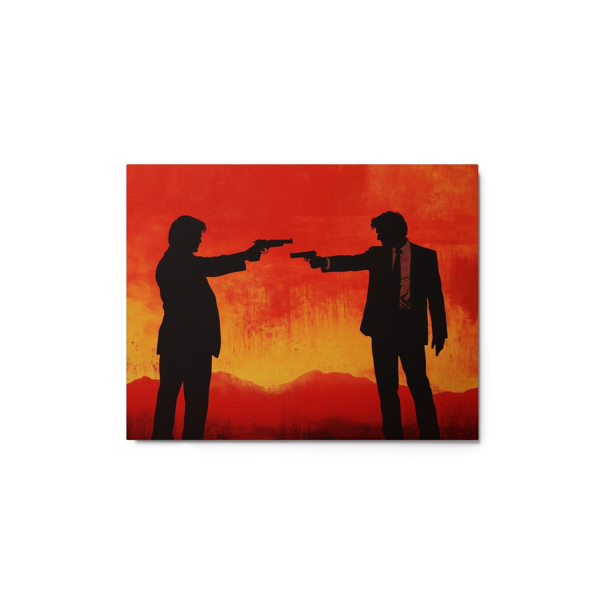 Mafia Gunfight Silhouettes Dramatic Orange-Red Scene Illustration Metal Poster - Oh Posters