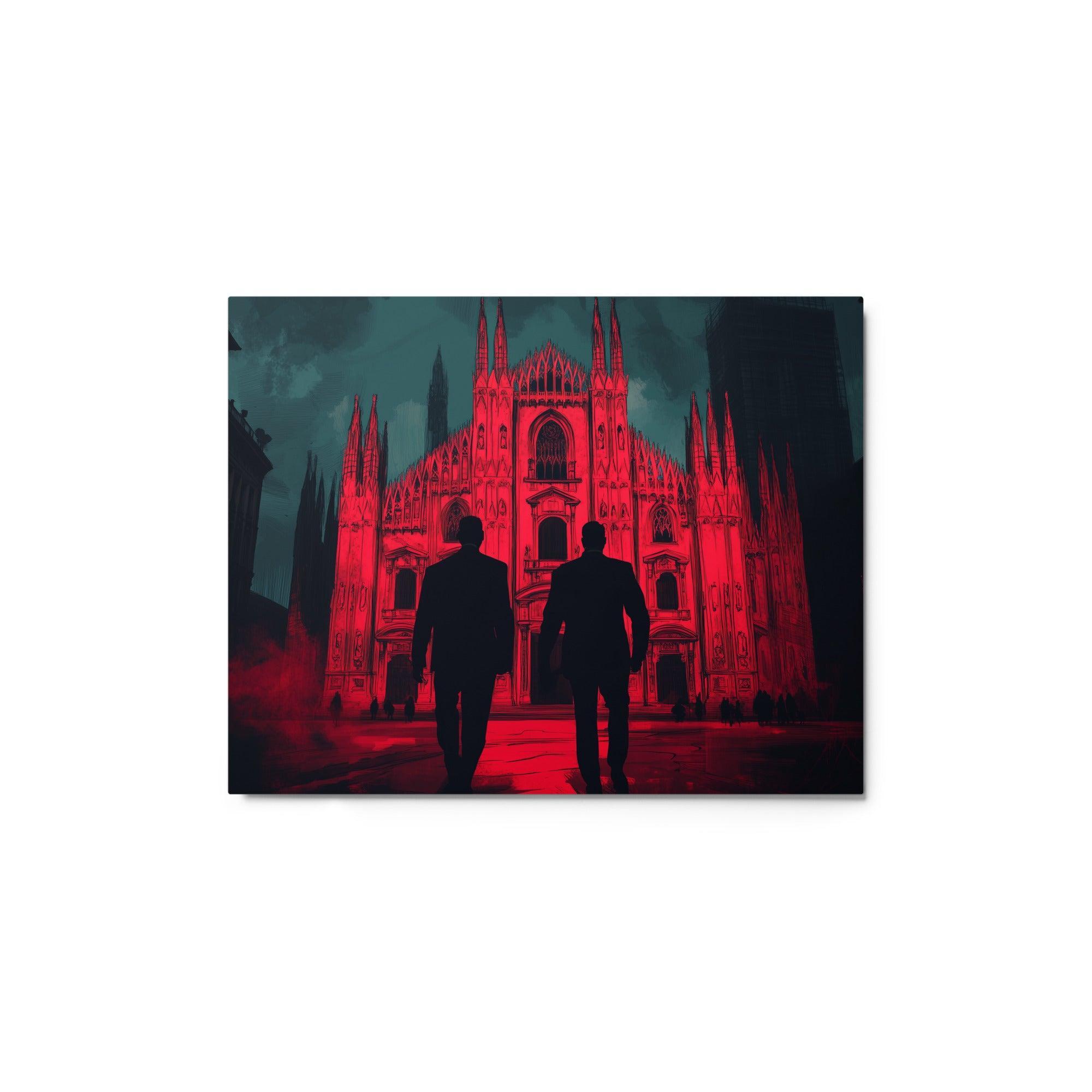 Mafia Figures Walking Towards Illuminated Cathedral Dramatic Red Art Metal Poster - Oh Posters