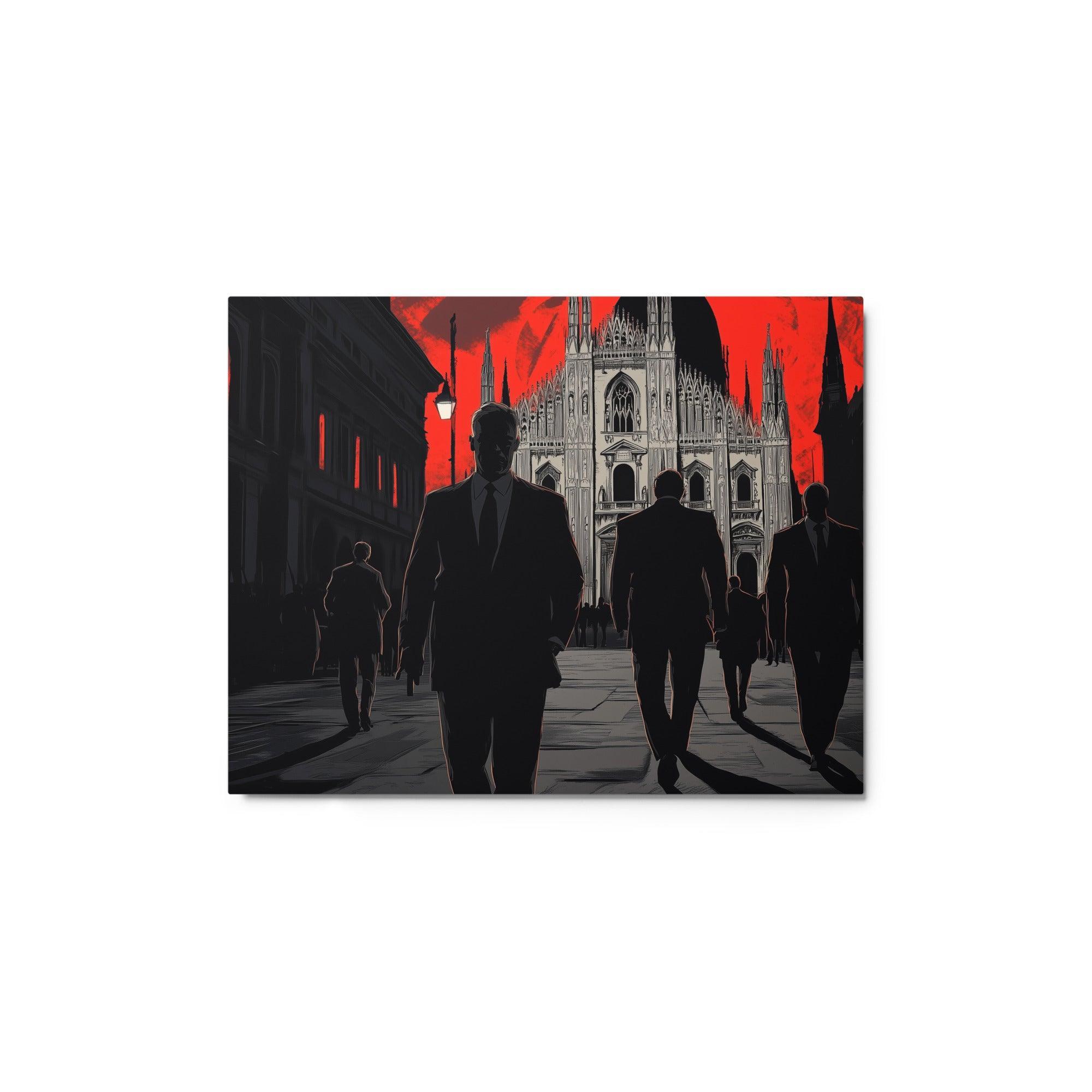 Mobsters Approaching Cathedral Against Red Sky Dark Urban Scene Metal Poster - Oh Posters