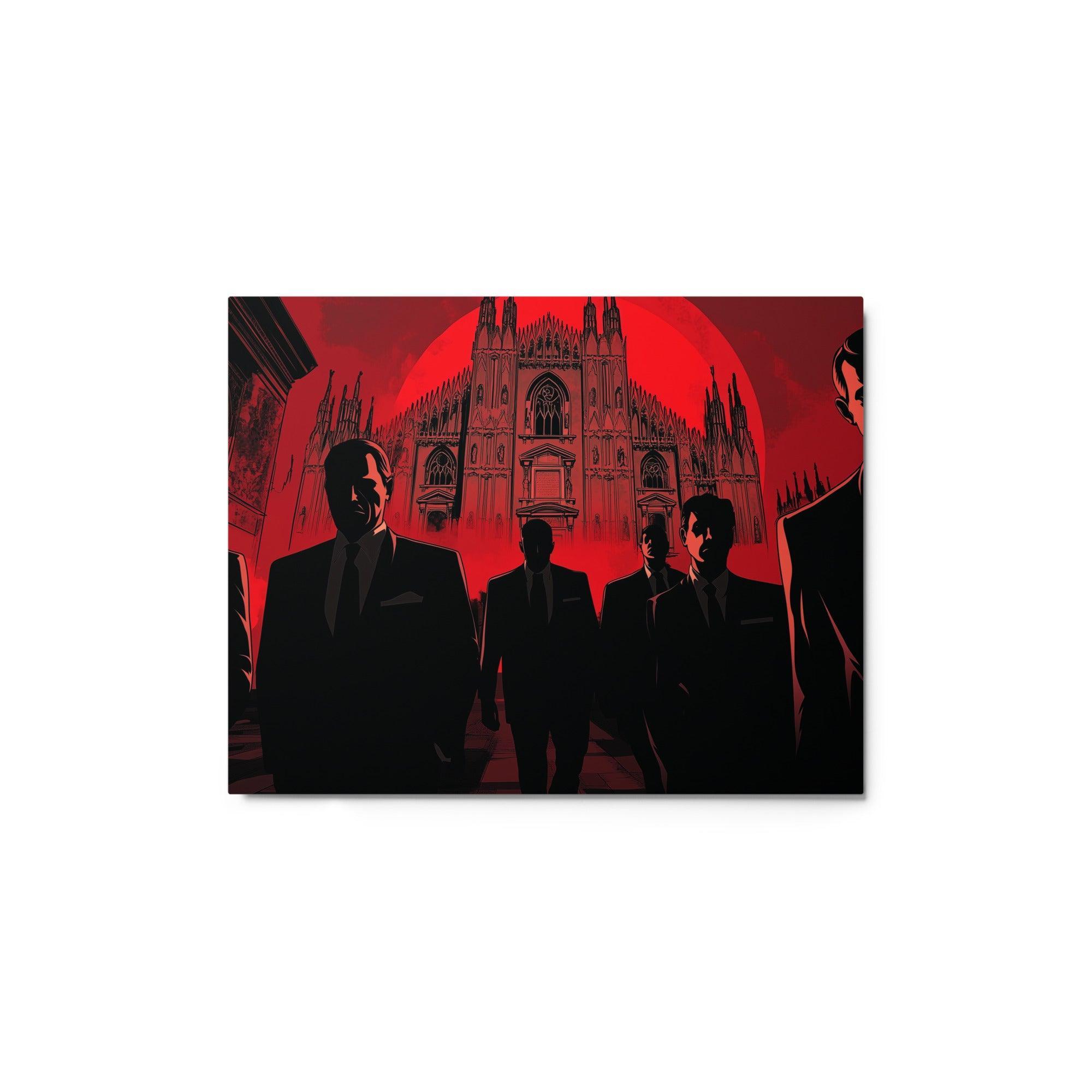 Mafia Men in Suits Walking Toward Cathedral Under Red Sky Noir Art Metal Poster - Oh Posters