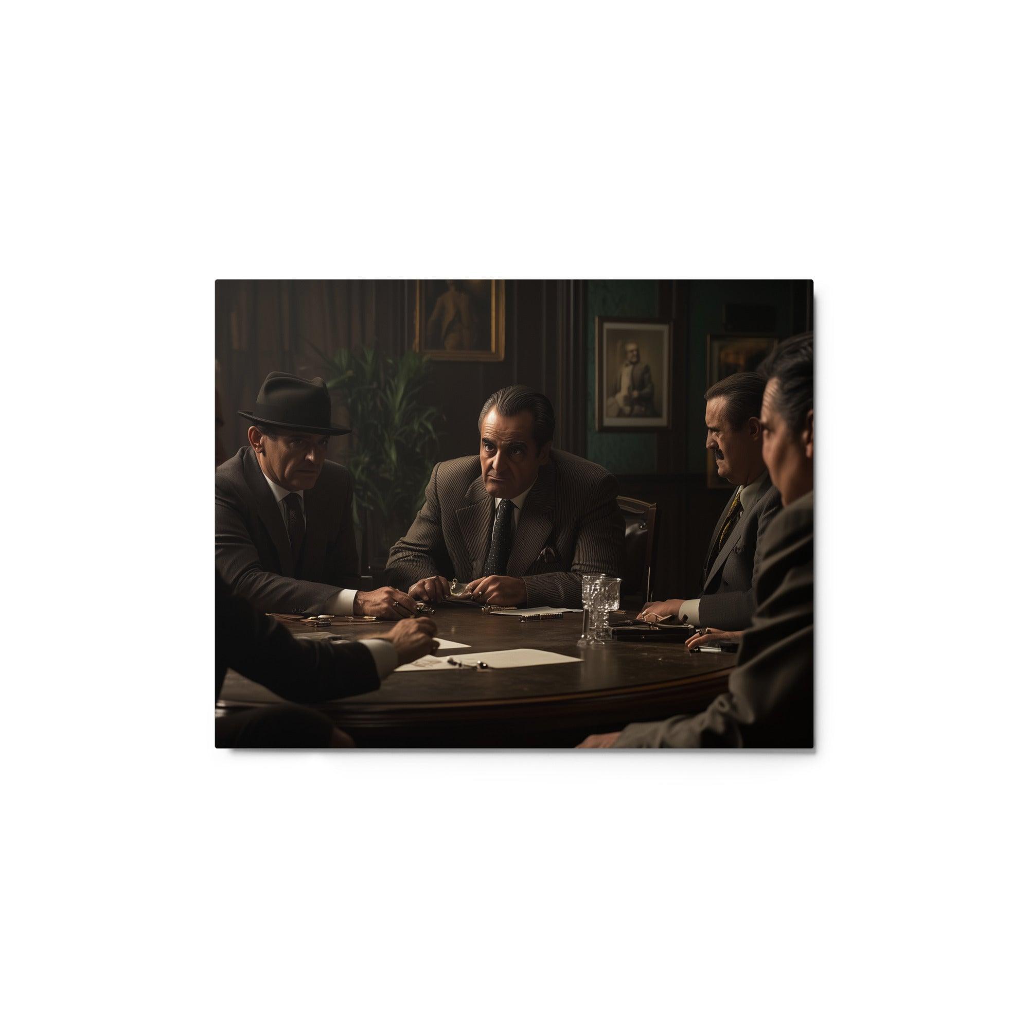 Mob Bosses in Dimly Lit Room Intense Negotiation Scene Artwork Metal Poster - Oh Posters