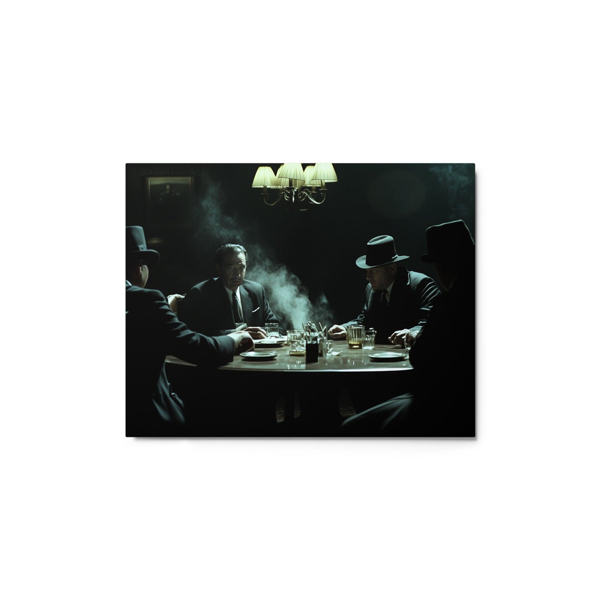 Gangsters at Table Under Lamp Dramatic Smoky Noir Mafia Setting Metal Poster - Oh Posters