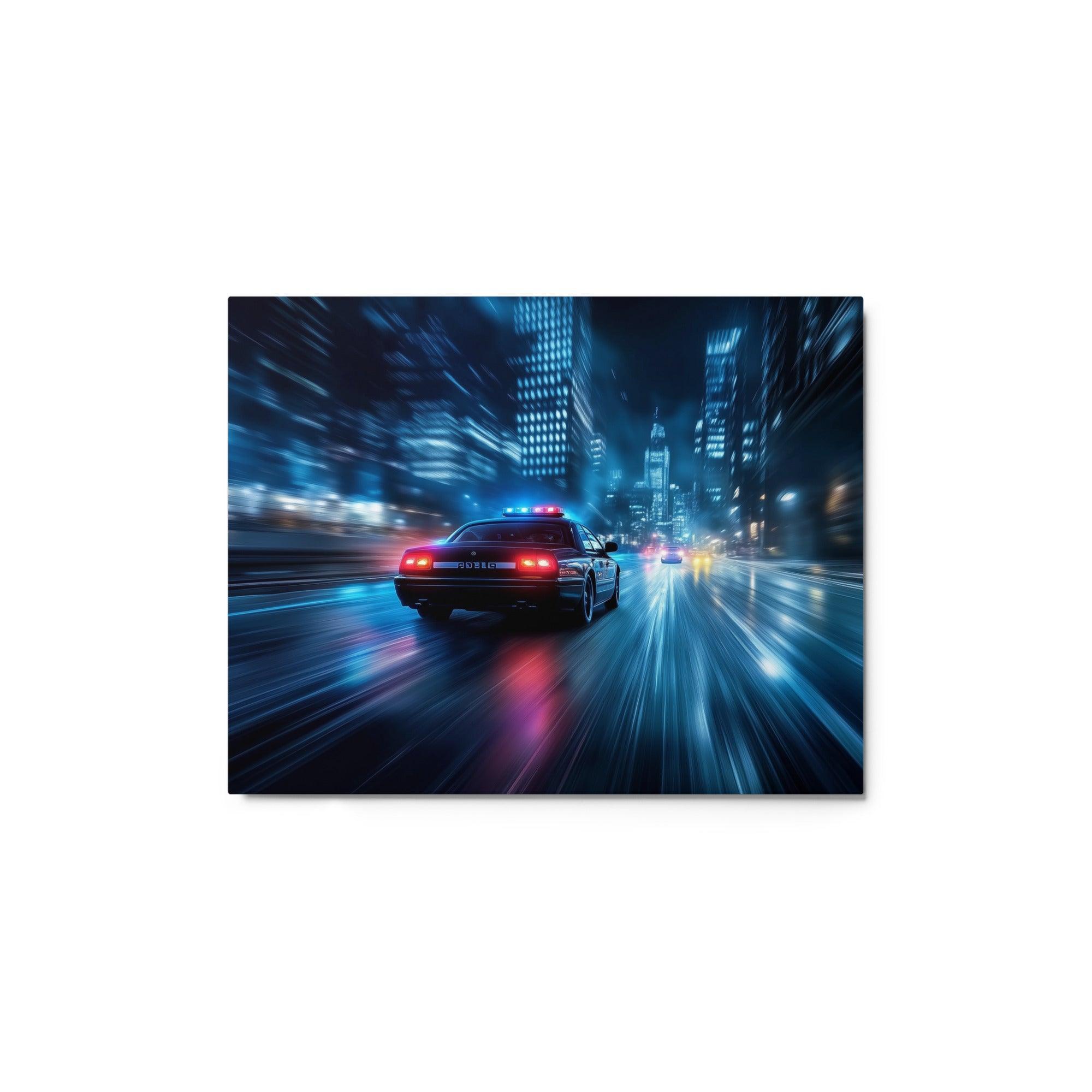 High-Speed Police Car Chase Night City Neon Lights Dynamic Art Metal Poster - Oh Posters