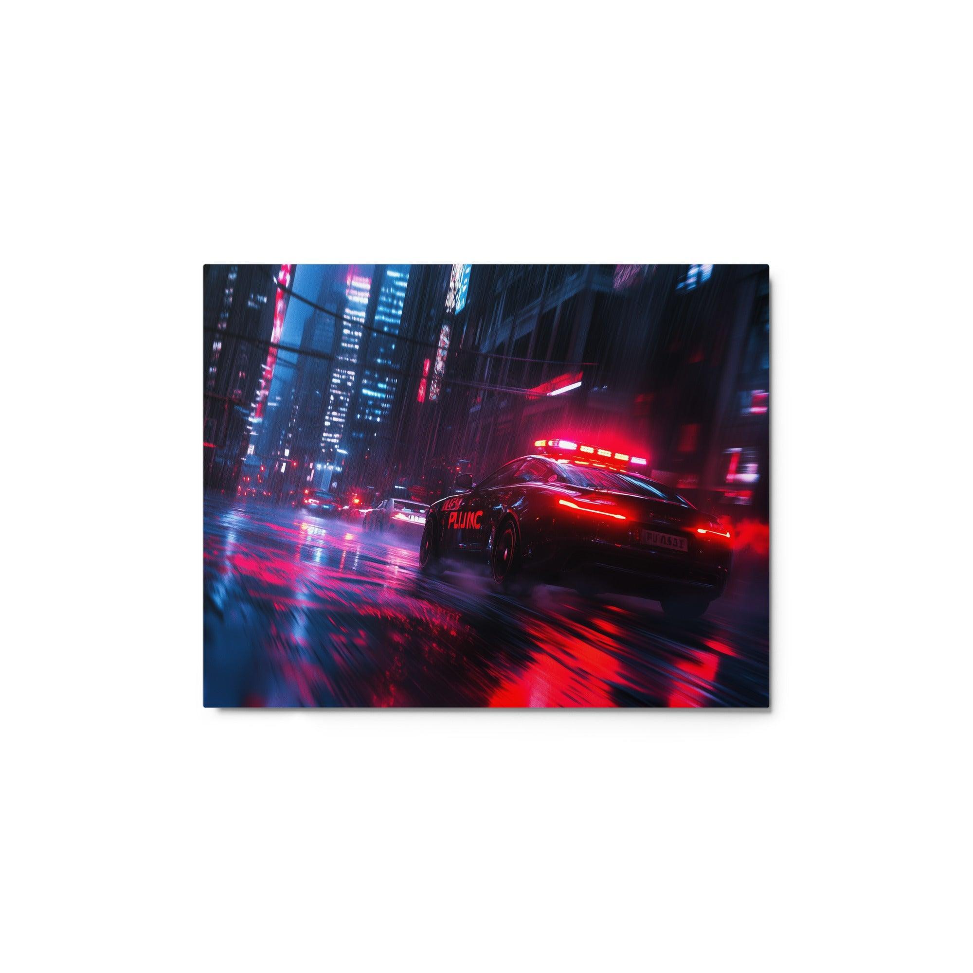 Futuristic Police Car Pursuit Rainy Cyberpunk City Red and Blue Lights Metal Poster - Oh Posters