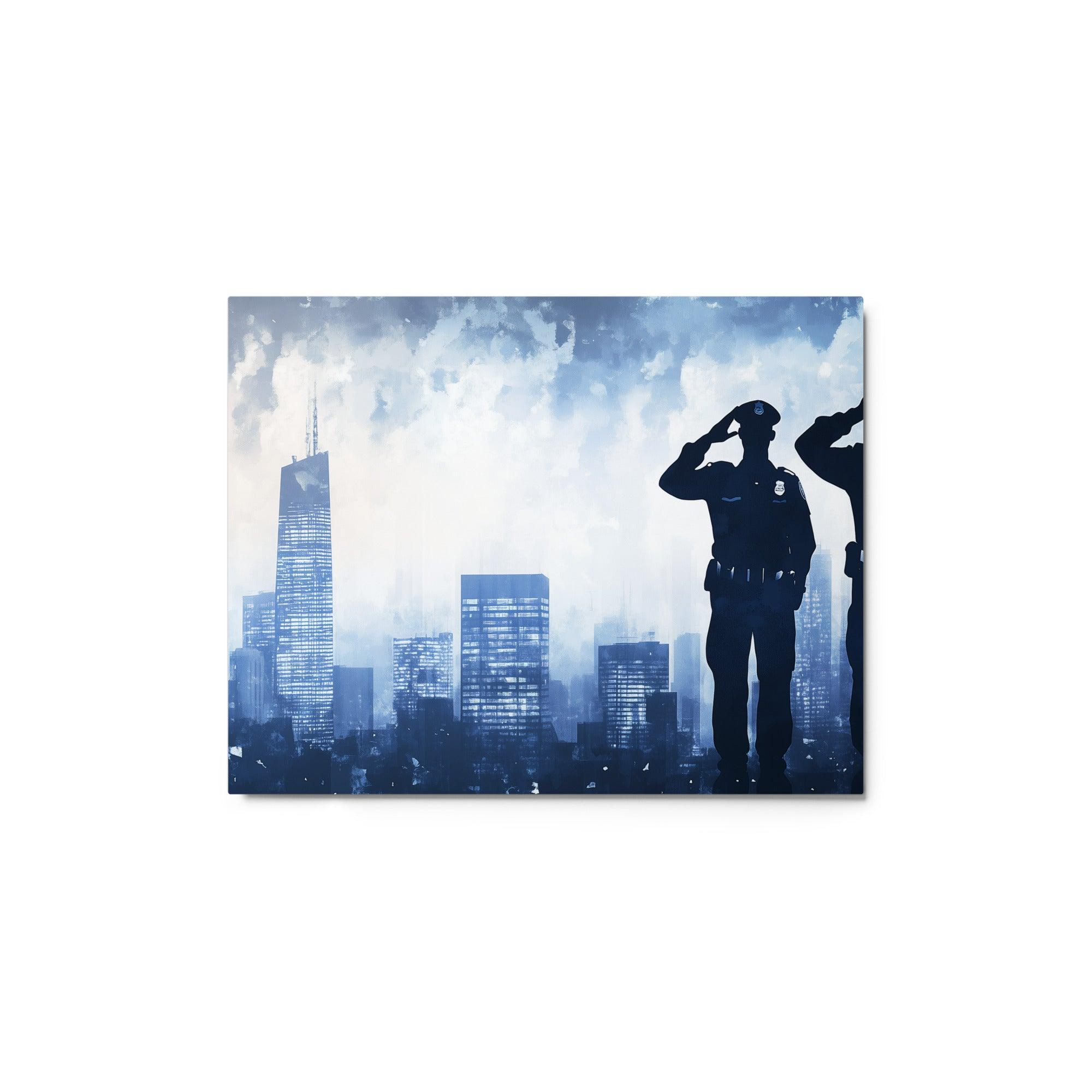 Police Officers Saluting Silhouette Against Blue City Skyline Watercolor Style Metal Poster - Oh Posters