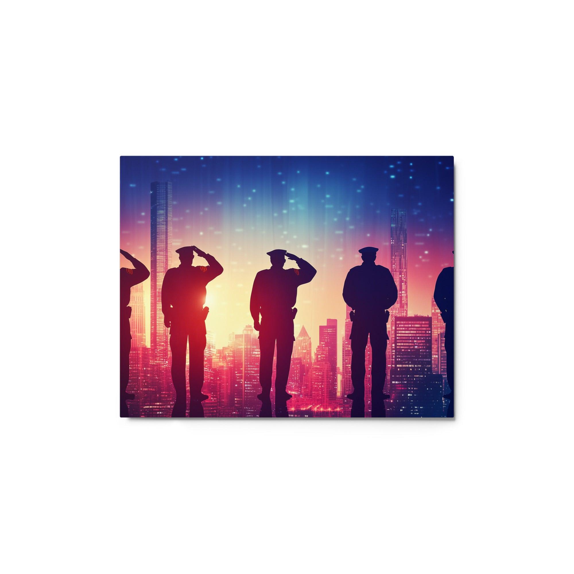 Police Officers Saluting City Sunset Gradient Skyline Silhouette Artwork Metal Poster - Oh Posters