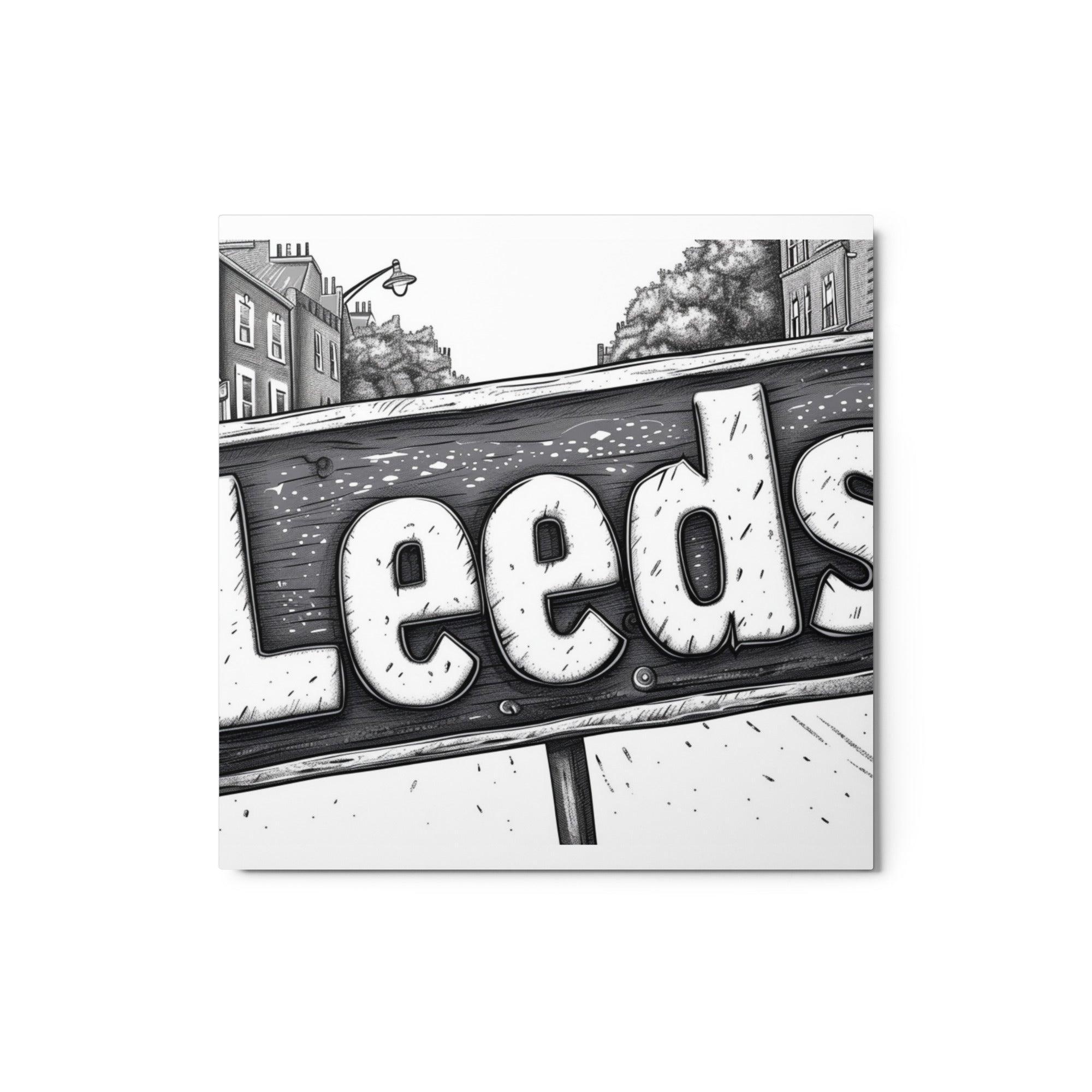 Leeds Black and White Street Sign Illustration Metal Poster - Oh Posters