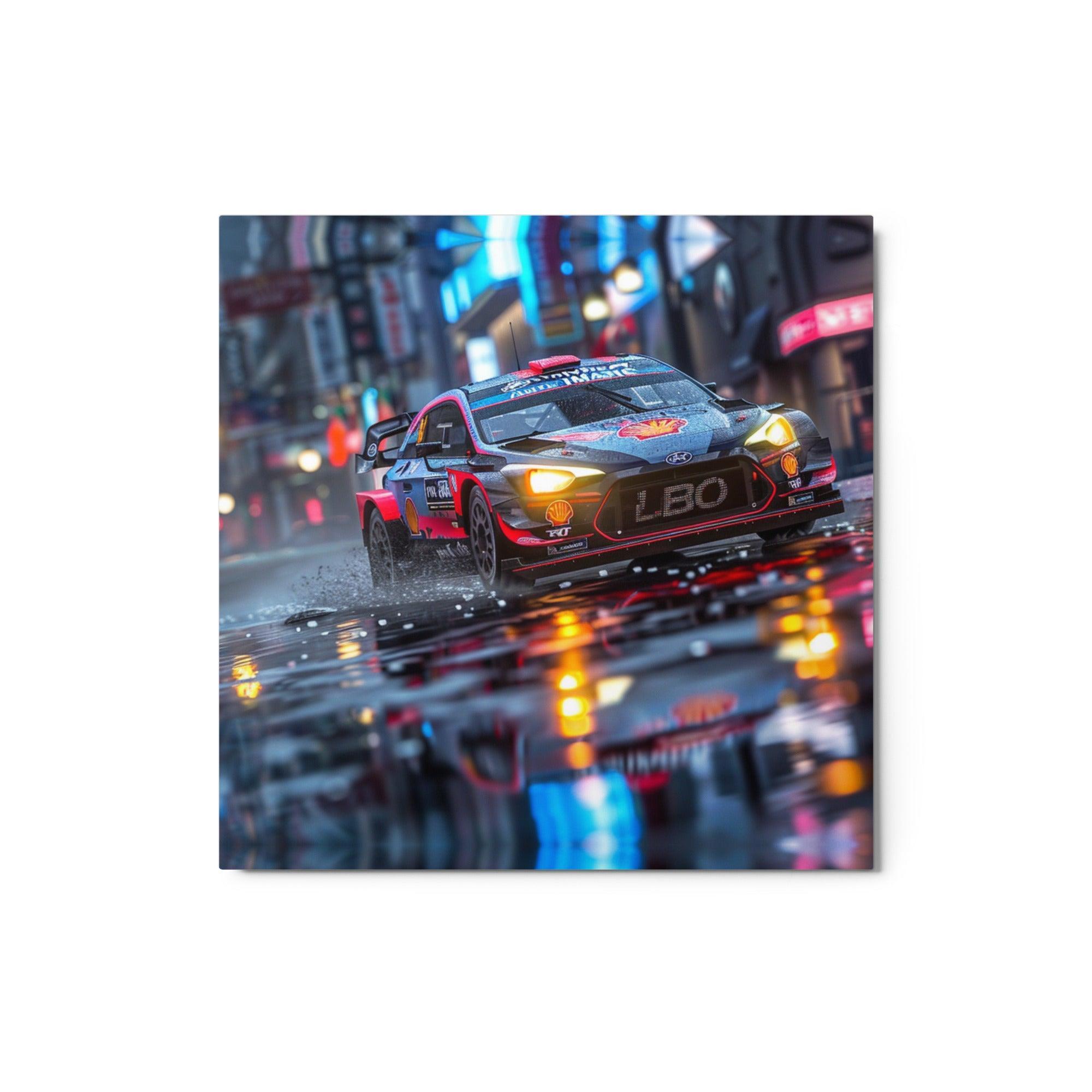 City Lights Wet Street Rally Car Metal Poster - Oh Posters