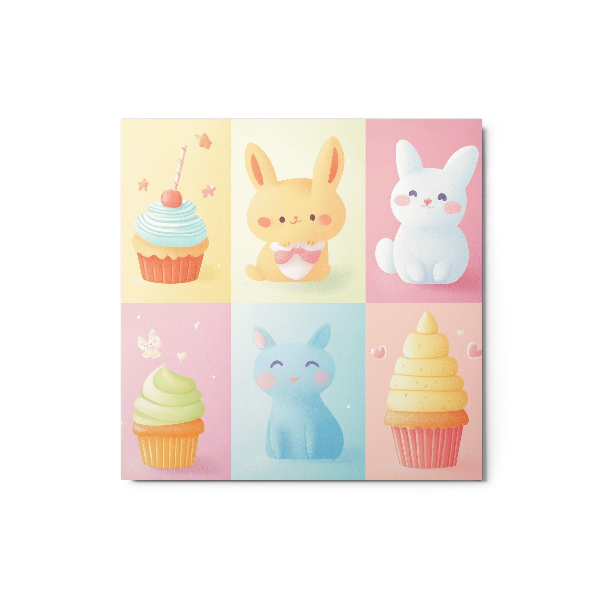 Kawaii Cupcakes and Bunnies Pastel Cute Character Art Metal Poster - Oh Posters