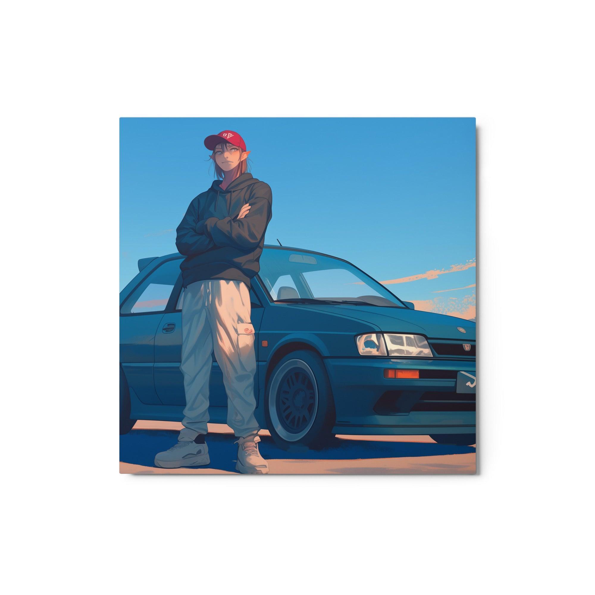 JDM Hatchback with Driver at Sunset Digital Illustration Metal Poster - Oh Posters