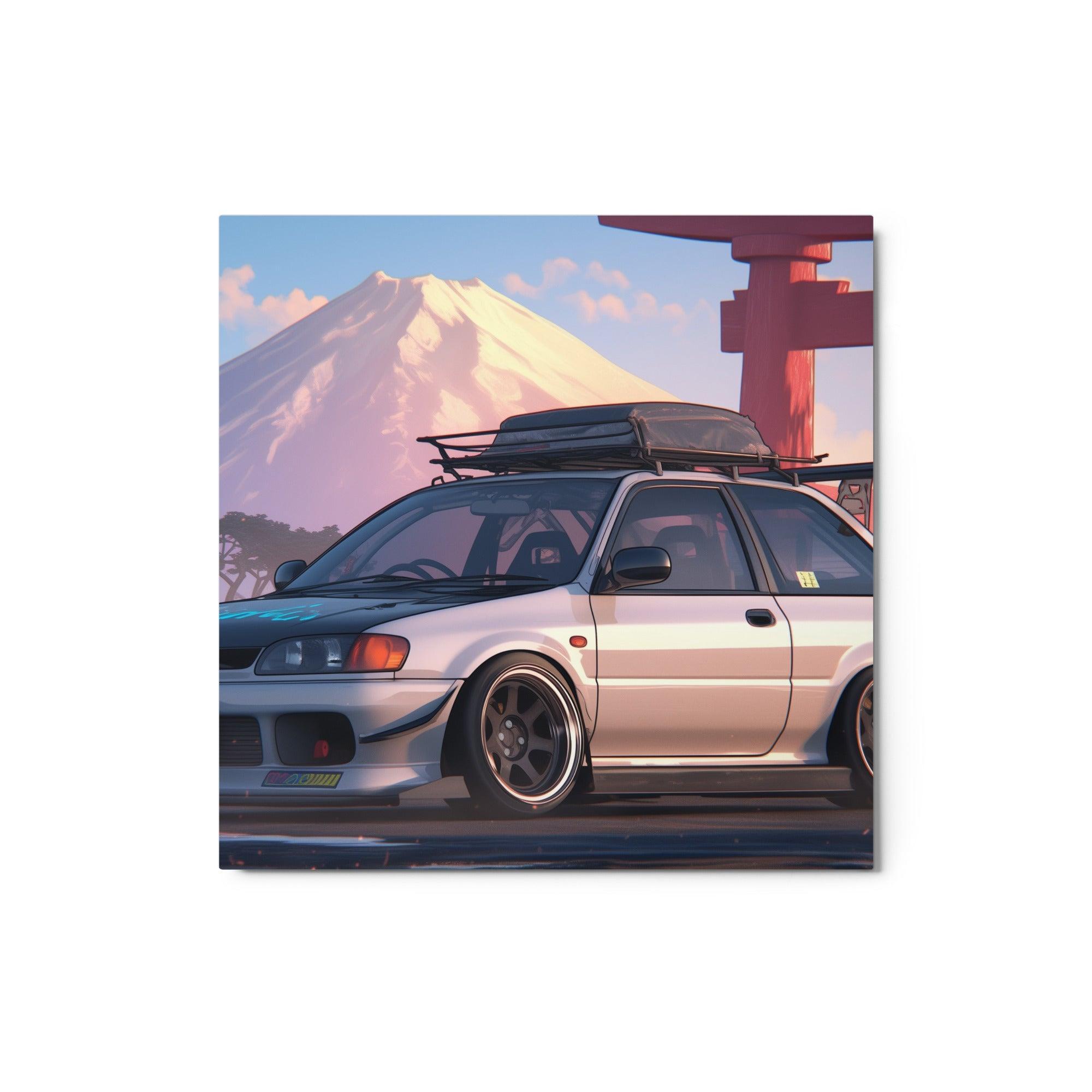 JDM Hatchback at Mount Fuji Scenic Digital Art Metal Poster - Oh Posters