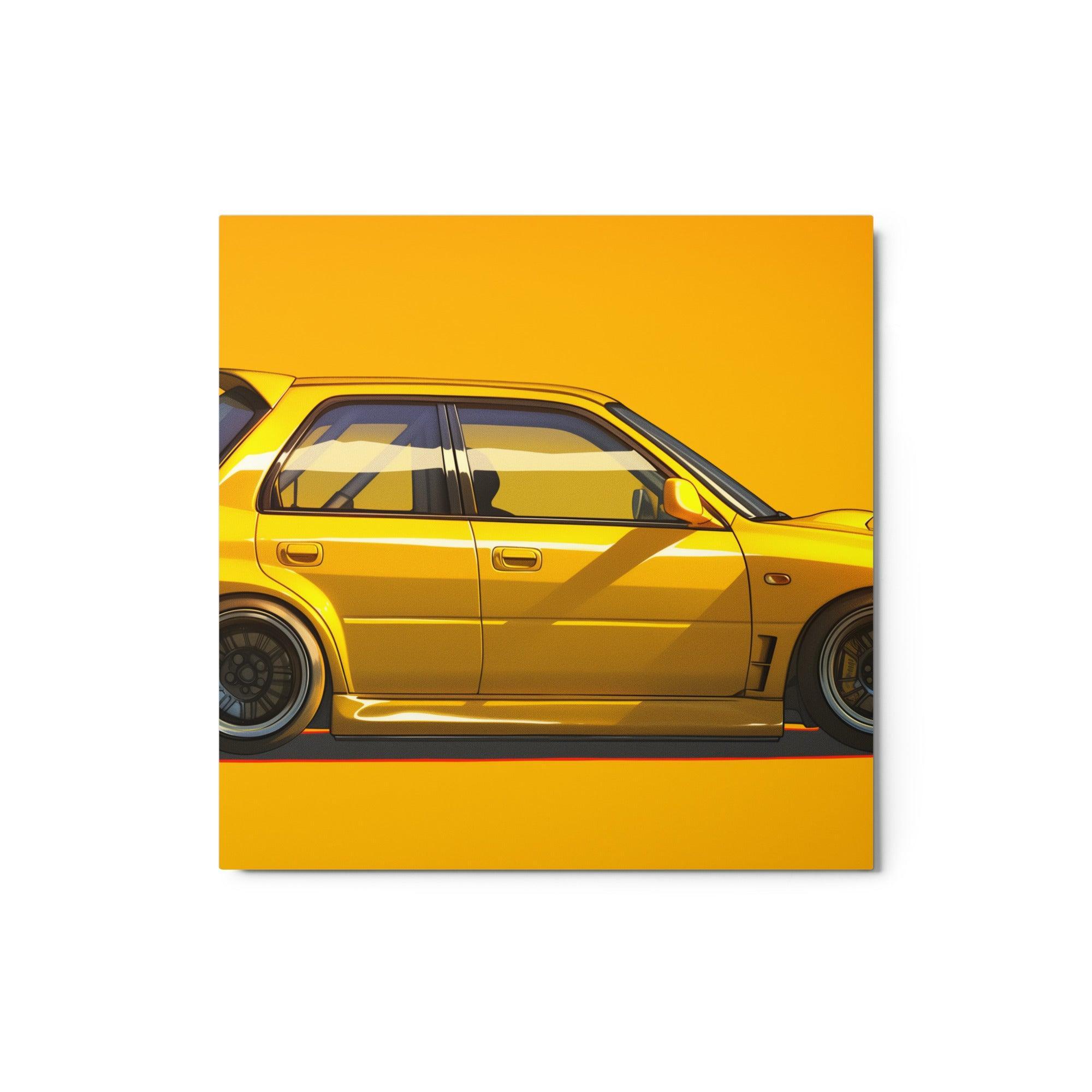 Yellow JDM Hatchback with Racing Spoiler Side Profile Art Metal Poster - Oh Posters