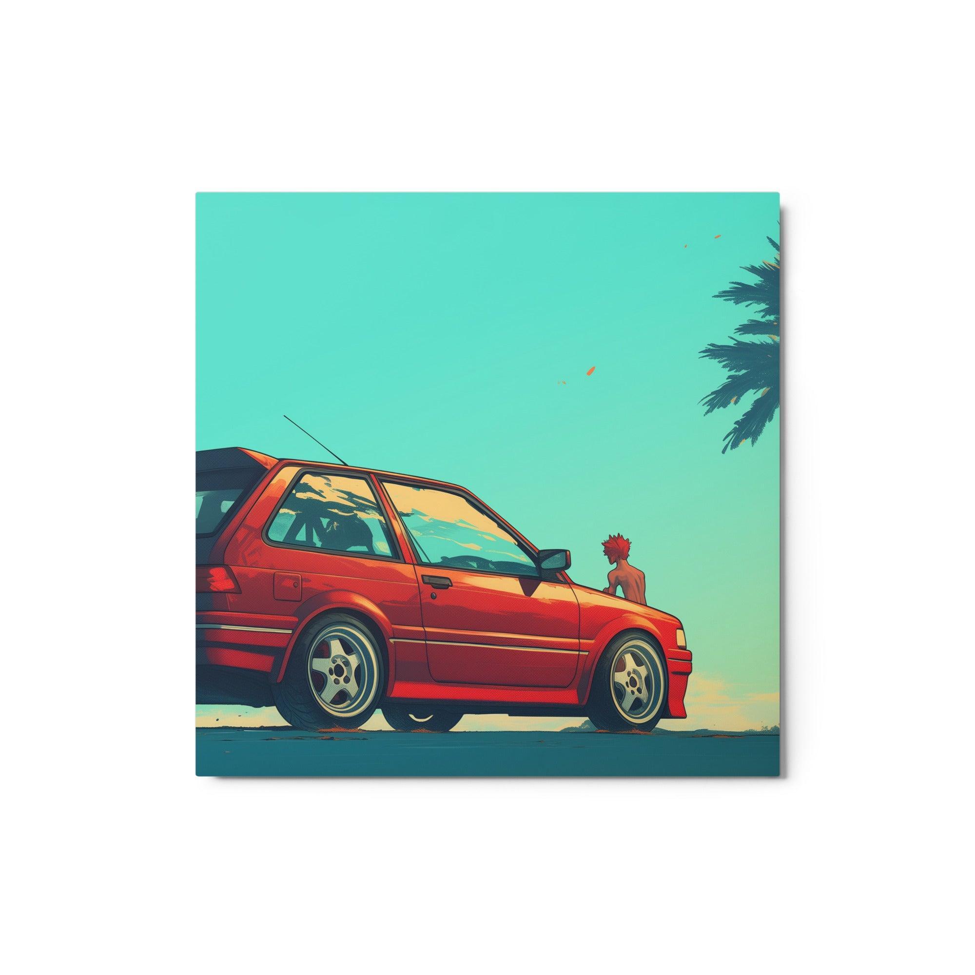 Red JDM Hatchback with Palms in Retro Beach Scene Digital Art Metal Poster - Oh Posters