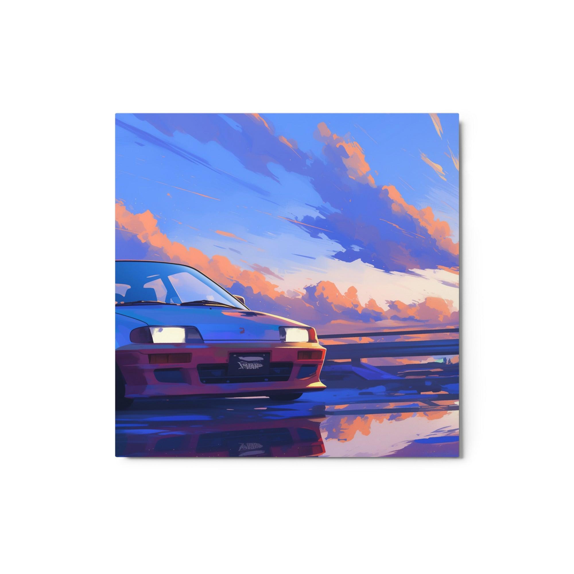 Retro 90s JDM Hatchback Sunset Scene Digital Art Metal Poster - Oh Posters