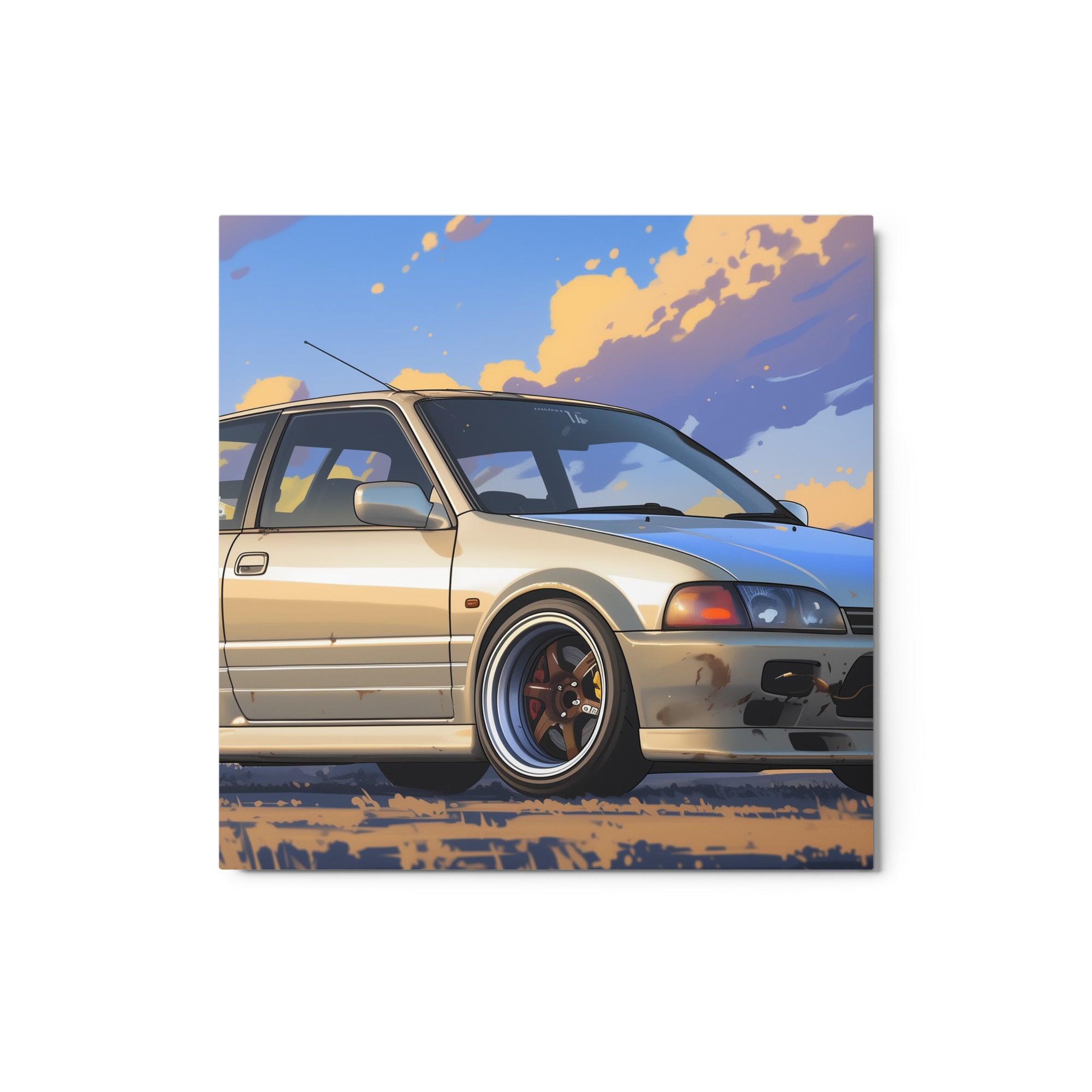 Custom JDM 90s Hatchback in Scenic Evening Digital Illustration Metal Poster - Oh Posters