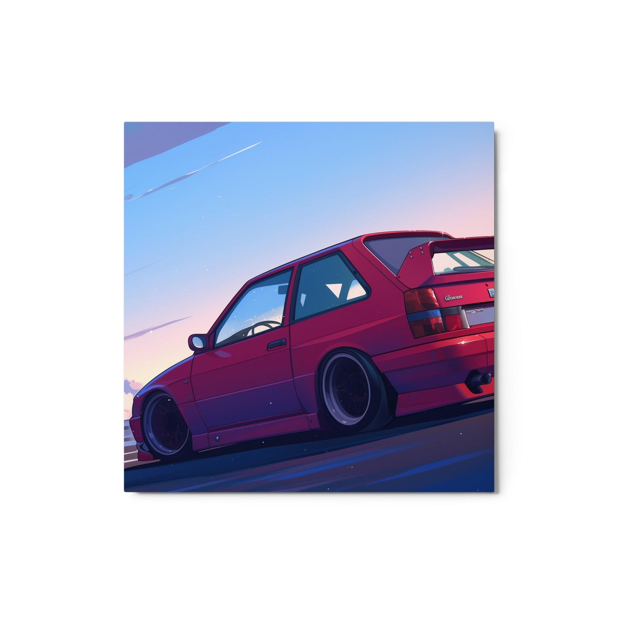 Red JDM 90s Hatchback at Sunset Highway Digital Artwork Metal Poster - Oh Posters