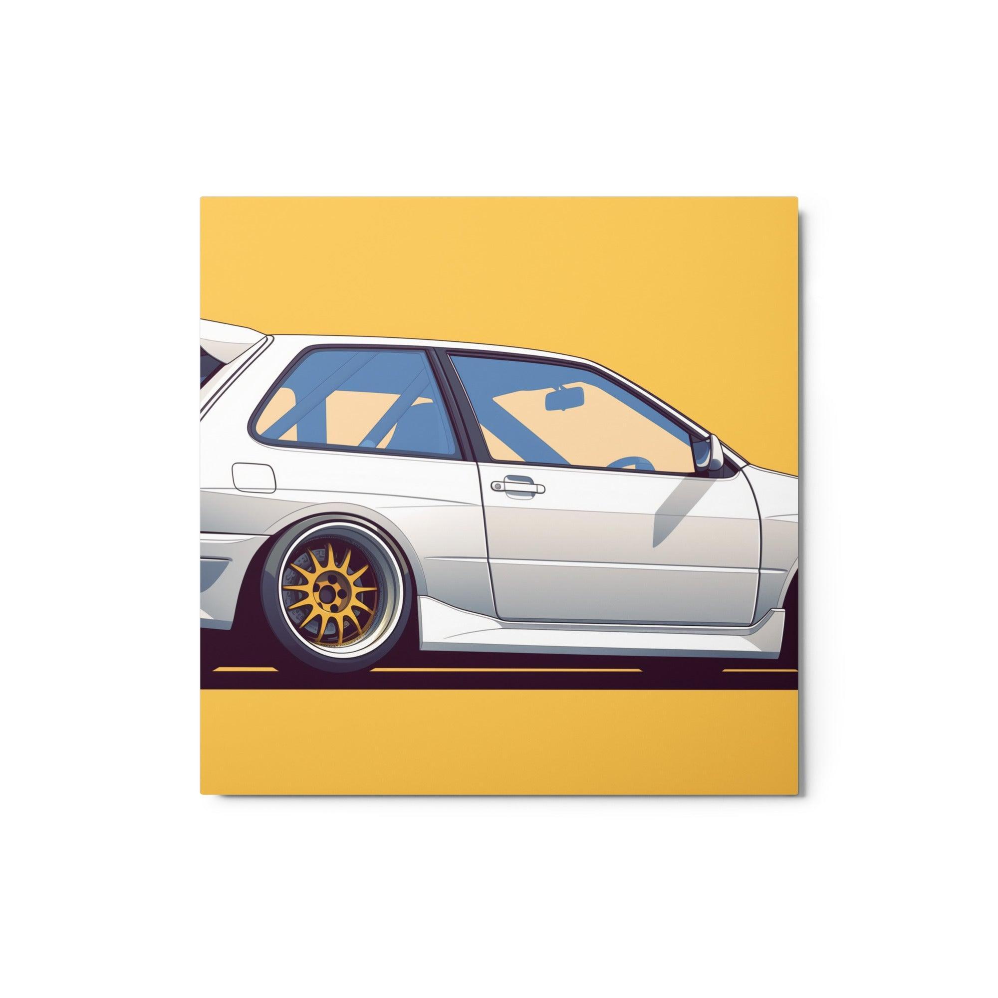 White JDM 90s Hatchback with Gold Wheels Minimalist Side Profile Metal Poster - Oh Posters