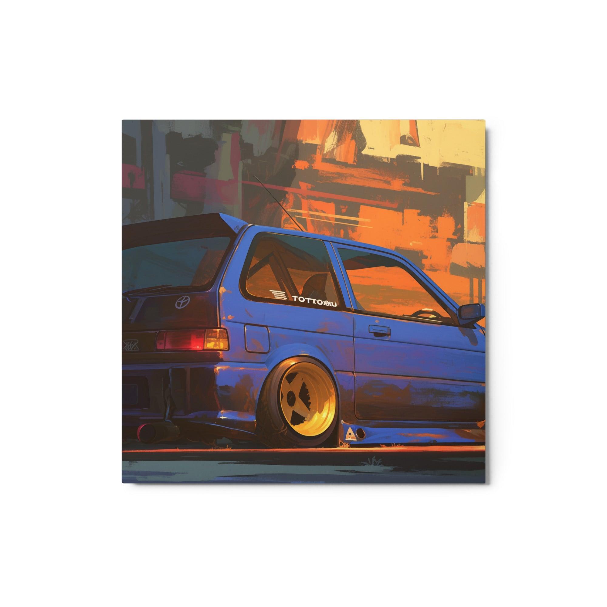 Urban JDM 90s Hatchback with Blue Body and Gold Wheels Digital Art Metal Poster - Oh Posters