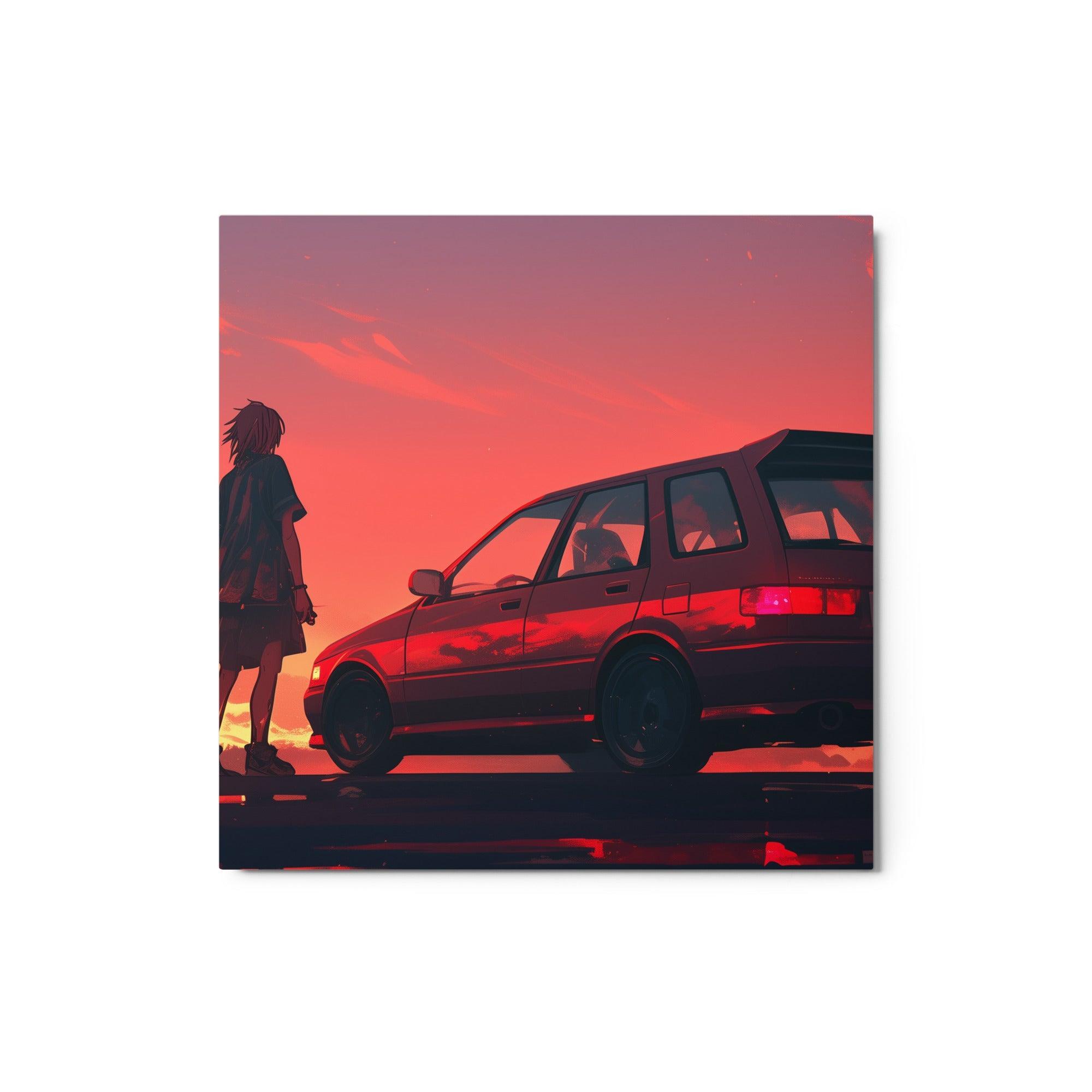 JDM 90s Hatchback Sunset Scene with Lone Figure Digital Art Metal Poster - Oh Posters