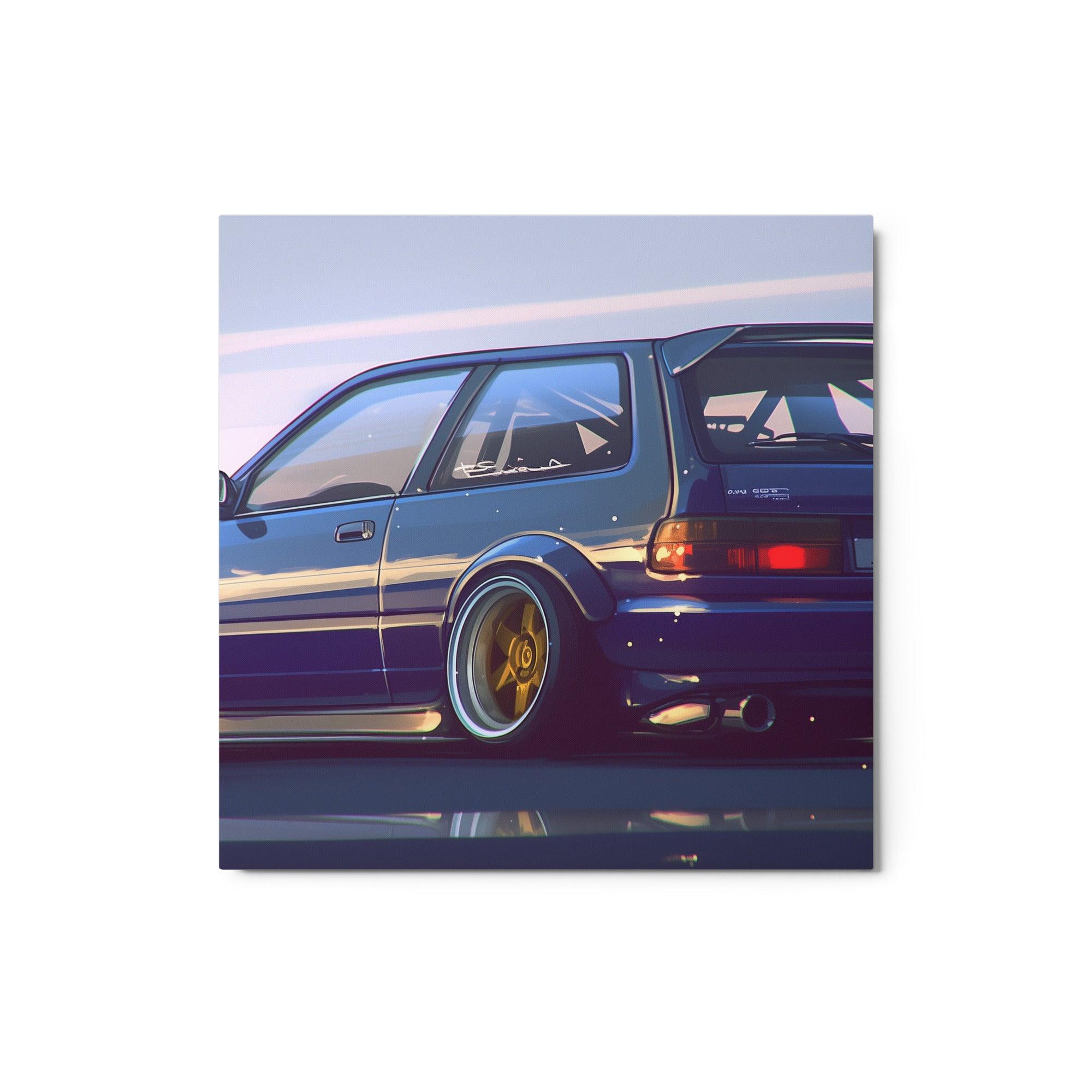 Sleek JDM 90s Hatchback with Gold Rims Sunset Illustration Metal Poster - Oh Posters