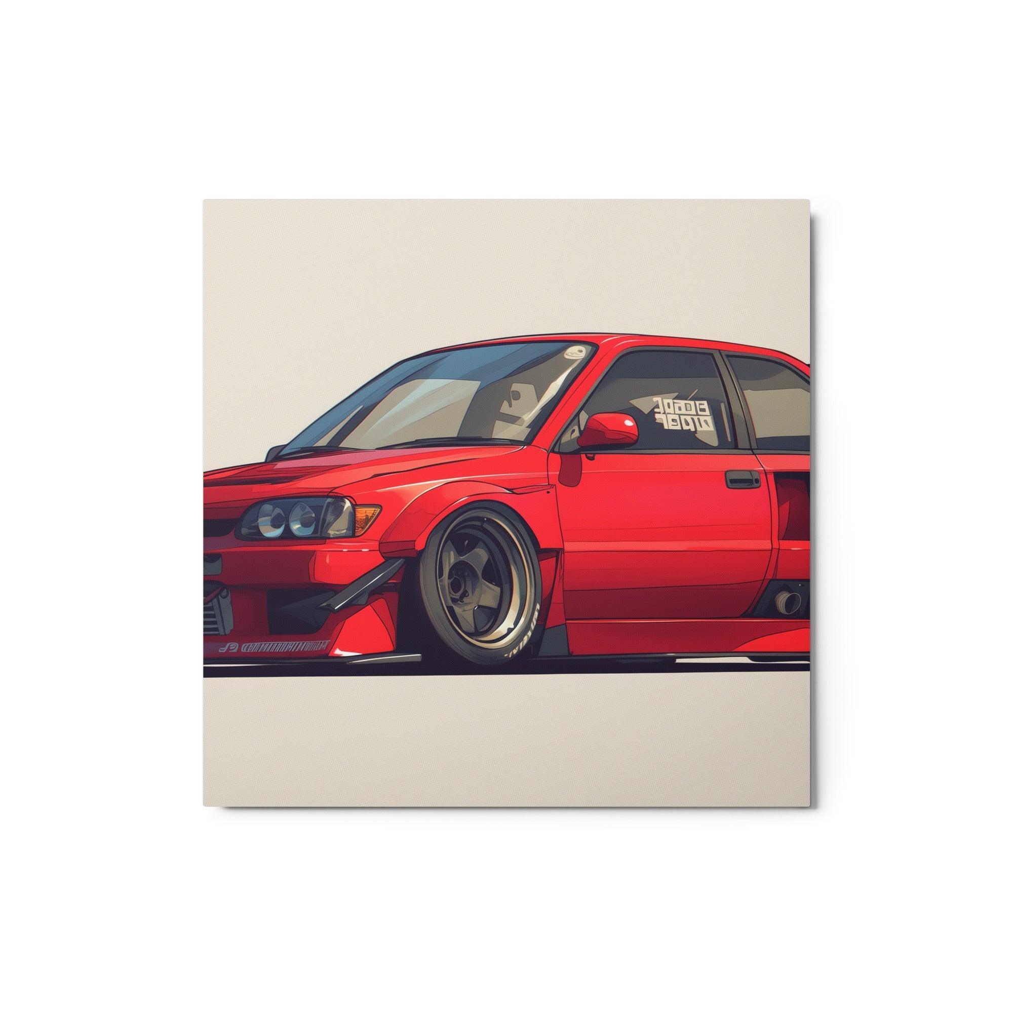 Red JDM 90s Hatchback with Wide Body Kit and Spoiler Digital Art Metal Poster - Oh Posters