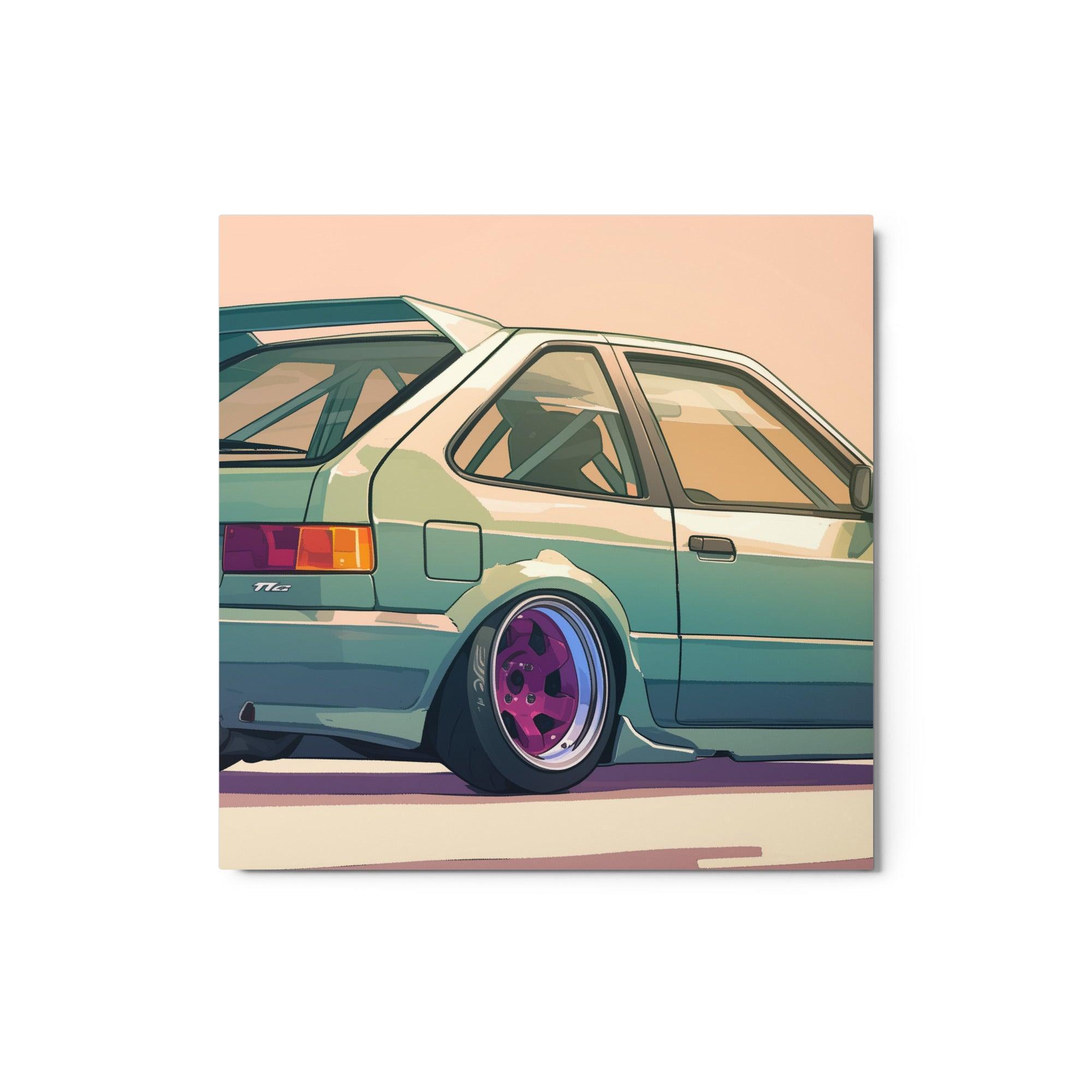 Green JDM 90s Hatchback Rear View with Purple Rims Digital Illustration Metal Poster - Oh Posters