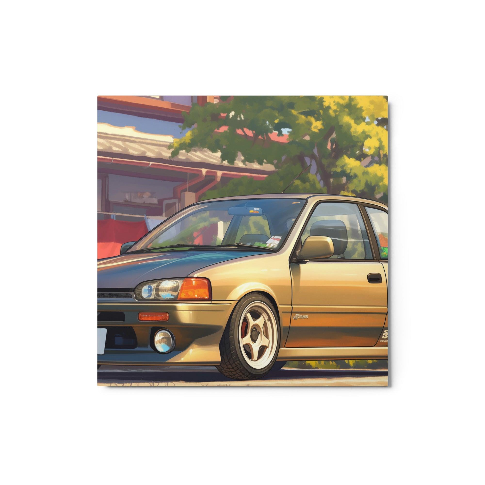 Classic JDM 90s Hatchback in Traditional Street Scene Digital Art Metal Poster - Oh Posters