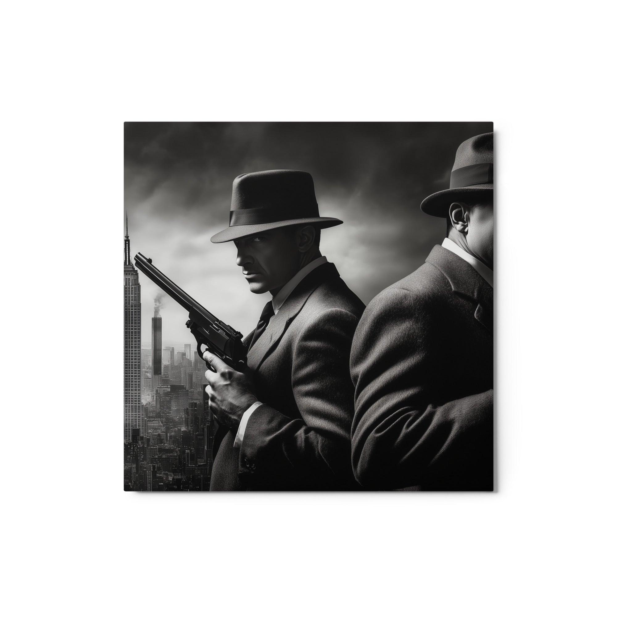 Back-to-Back Mobsters with Skyline Smoke Dramatic Noir Artwork Metal Poster - Oh Posters