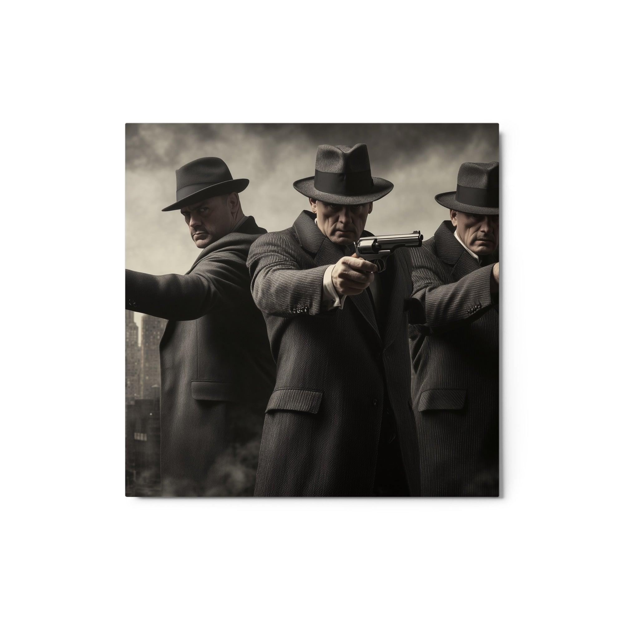 Three Mafia Figures Aiming Pistols Urban Noir Crime Scene Art Metal Poster - Oh Posters